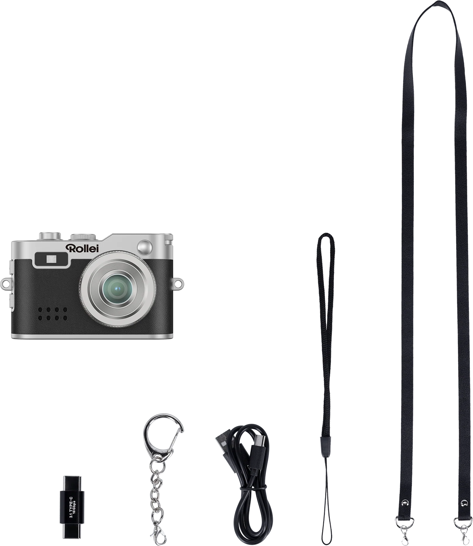 Fotocamera con accessori: cinturino, cavo USB, portachiavi e chiavetta USB su sfondo nero.
