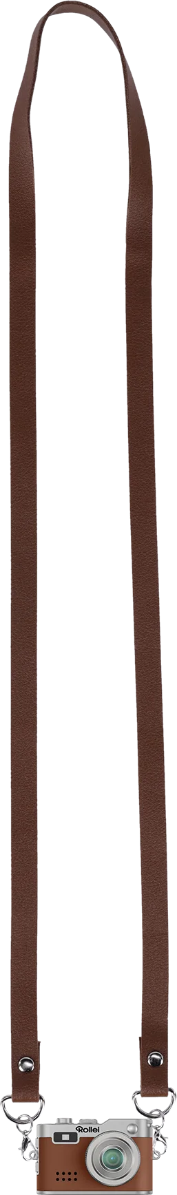 Eine braune Kamera mit passendem Gurt. Der Gurt hängt von oben herunter, die Kamera unten.