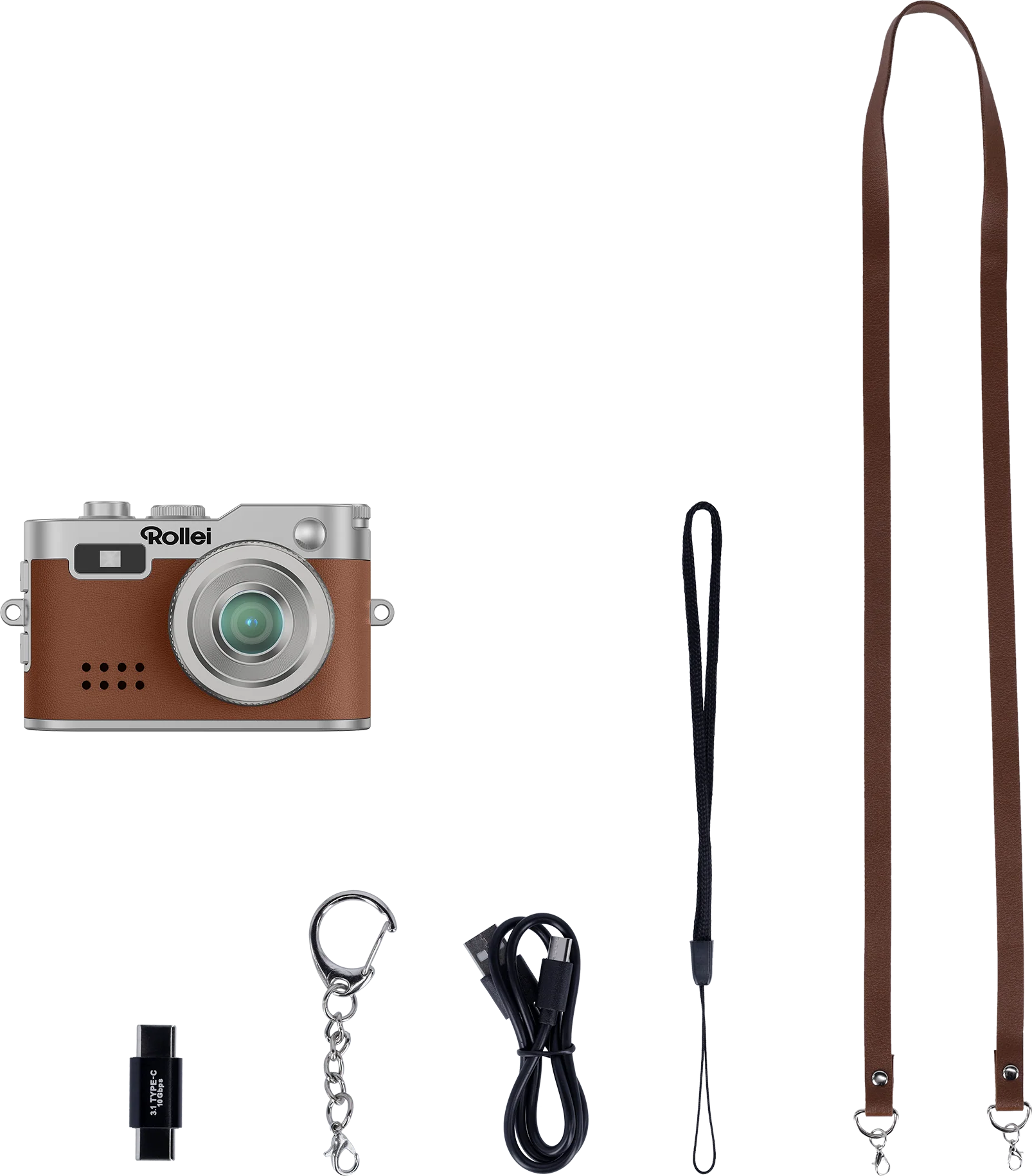 Eine braune und silberne Kamera, ein Ladekabel, ein Gurt und ein Schlüsselanhänger auf schwarzem Hintergrund. Zubehör für die Kamera.