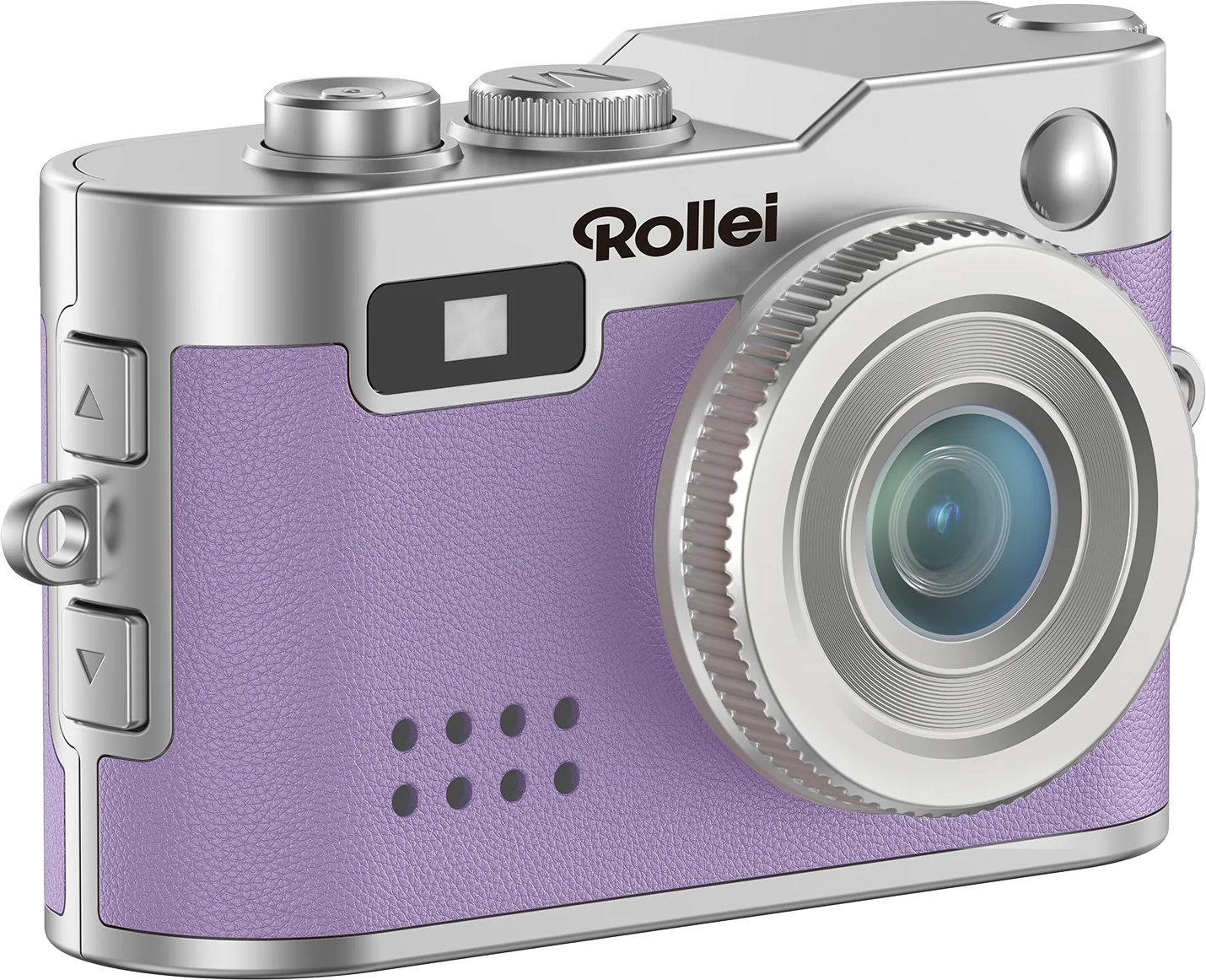 Eine Rollei-Kamera mit silbernem Gehäuse und lila lederartigem Griff. Sie hat ein großes Objektiv und mehrere Knöpfe.