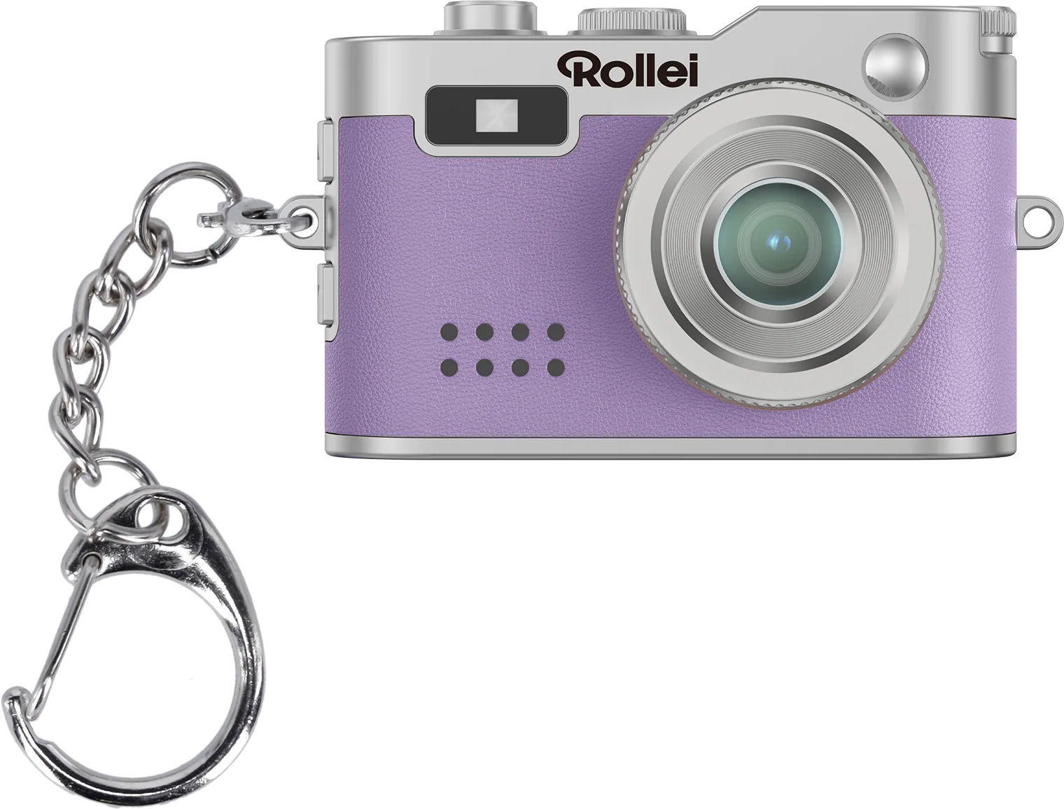 Eine lila Rollei-Kamera mit silbernem Objektiv und Schlüsselanhänger. Der Hintergrund ist schwarz.