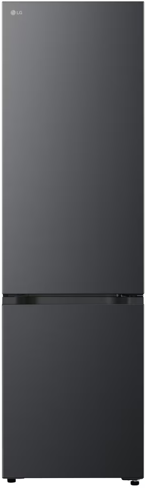 Ein dunkelgrauer LG-Kühlschrank mit Gefrierfach unten. Das LG-Logo befindet sich oben. Der Kühlschrank hat zwei Türen.