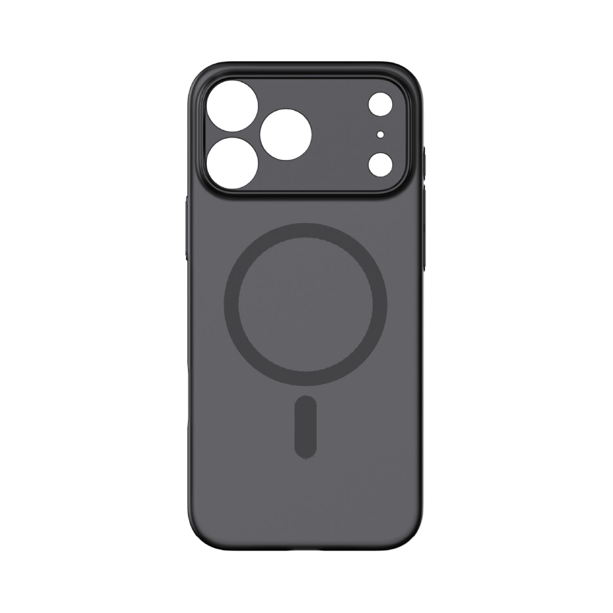 Kamera kesikleri ve arkada dairesel bir tasarıma sahip koyu gri bir telefon kılıfı. Çemberin altında küçük bir dikey çubuk var.