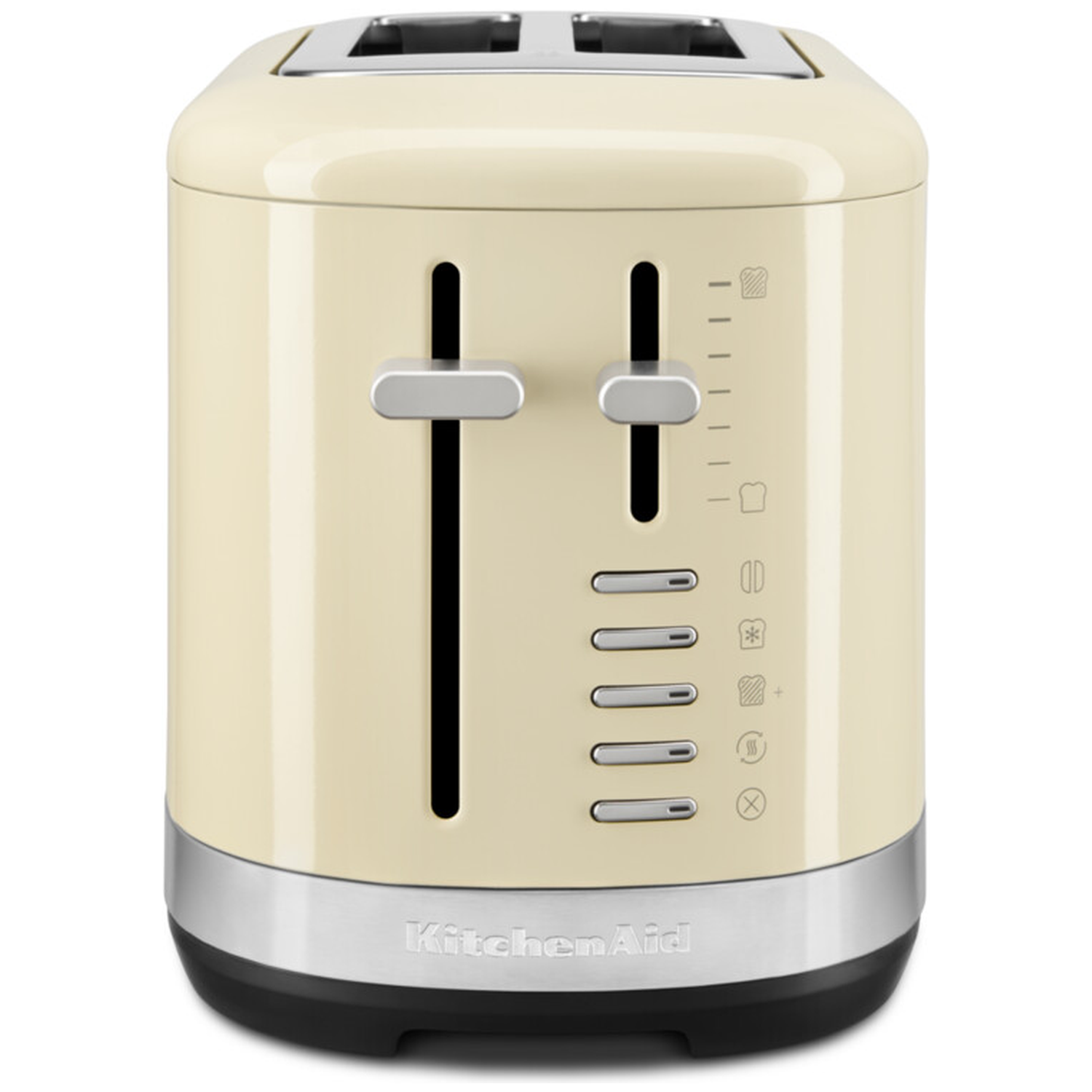 Een crèmekleurige KitchenAid broodrooster. Het heeft twee sleuven met hendels, een zilverkleurige voet en bedieningsknoppen. Het KitchenAid logo is zichtbaar.