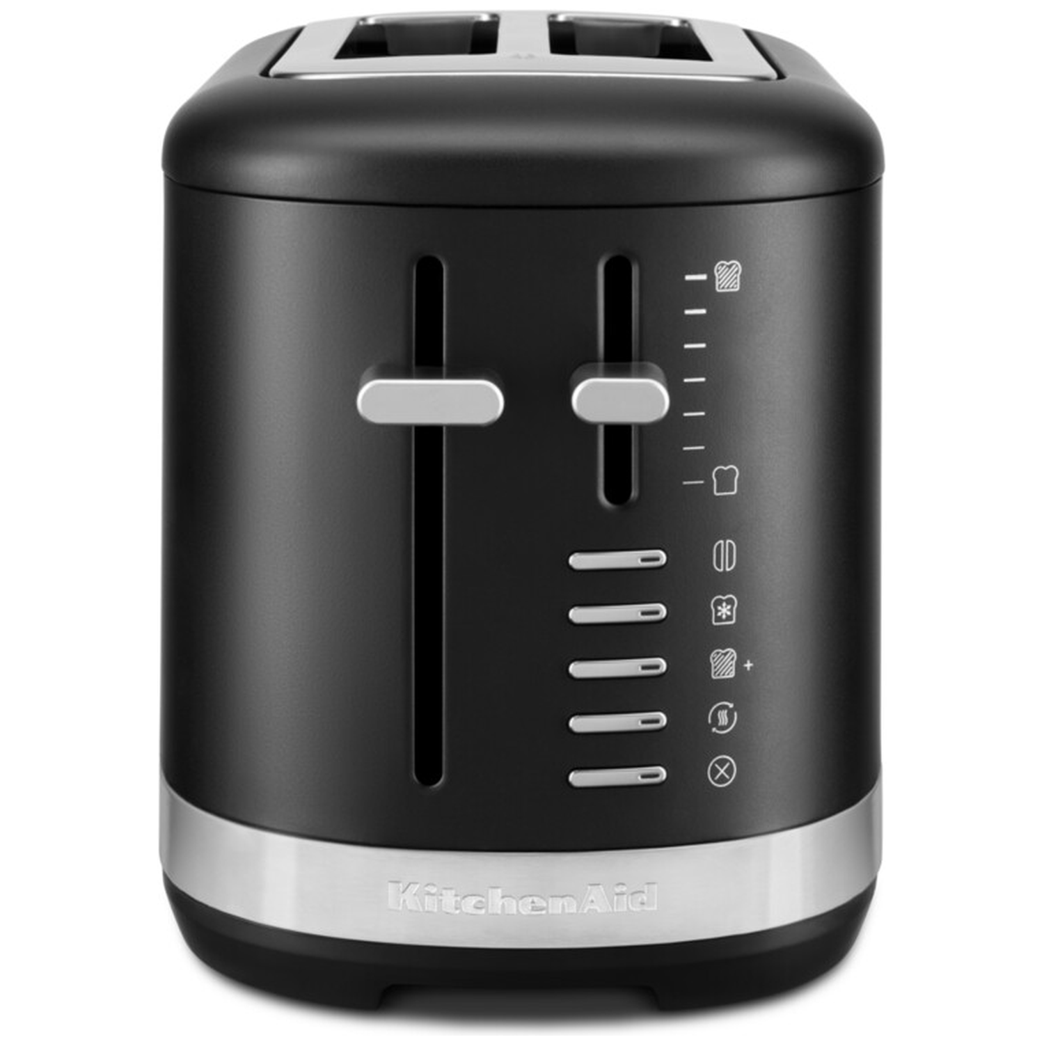 Een zwarte KitchenAid broodrooster met zilveren accenten. Het heeft twee sleuven, een bruiningsregelaar en functieknoppen.