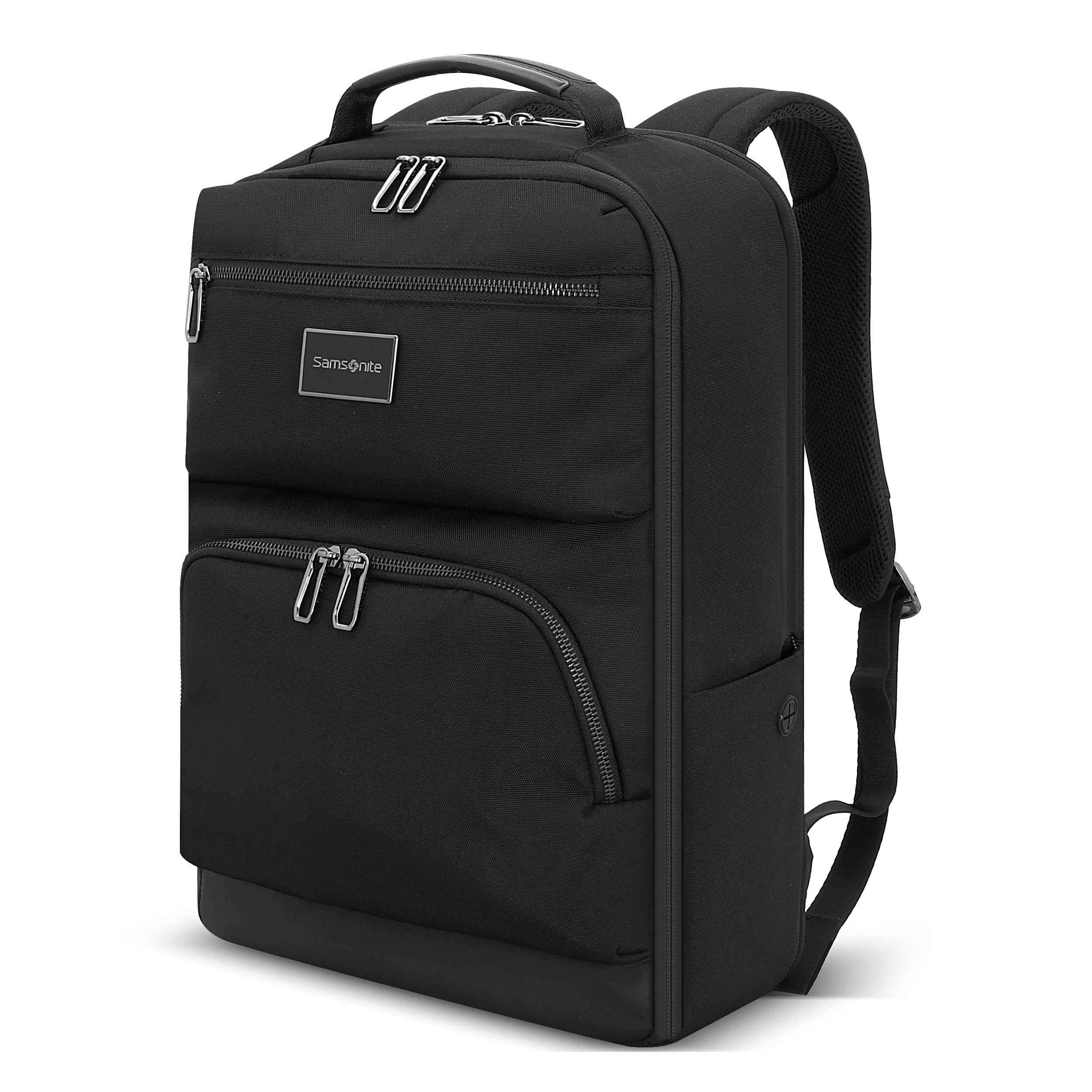 Siyah Samsonite sırt çantası, çoklu fermuarlı bölmelere ve üst tutma yerine sahiptir. Yastıklı omuz askıları ve bir logosu vardır.