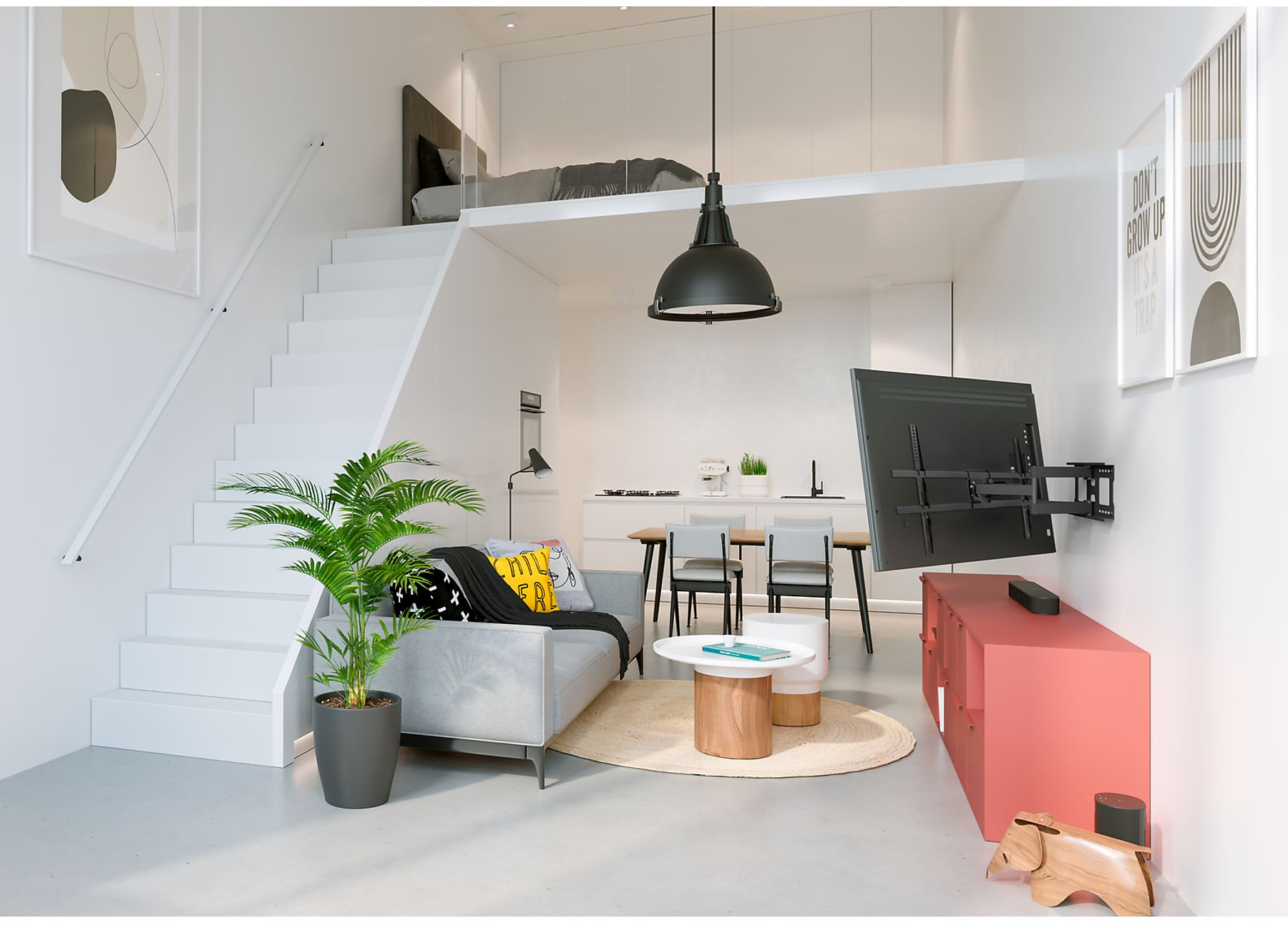 Ein modernes Wohnzimmer mit Hochbett, Sofa, Treppe, Fernseher und rotem Schrank. Enthält Pflanzen, Kunst und einen runden Teppich.
