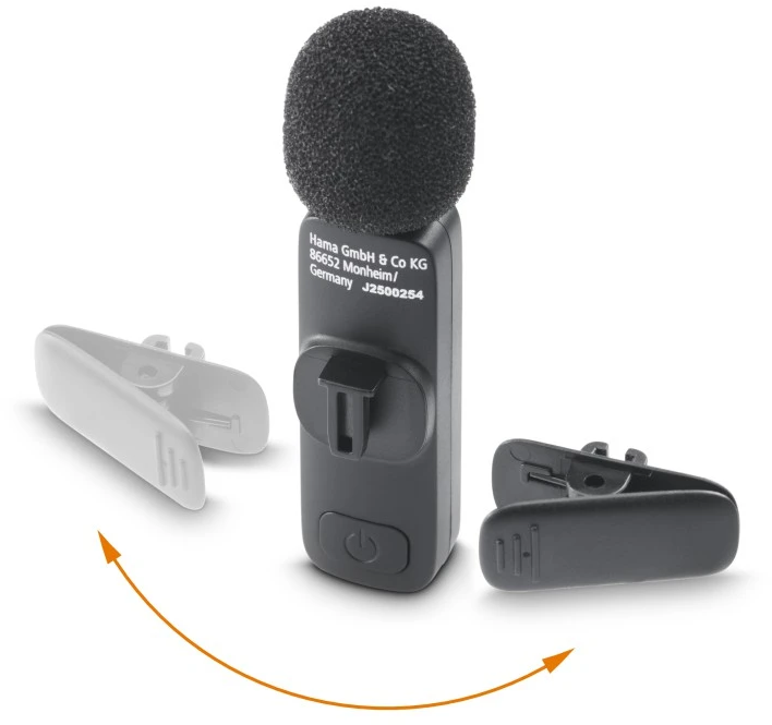 Un microphone noir avec une housse en mousse noire, deux clips et le logo Hama GmbH sont visibles sur fond blanc.