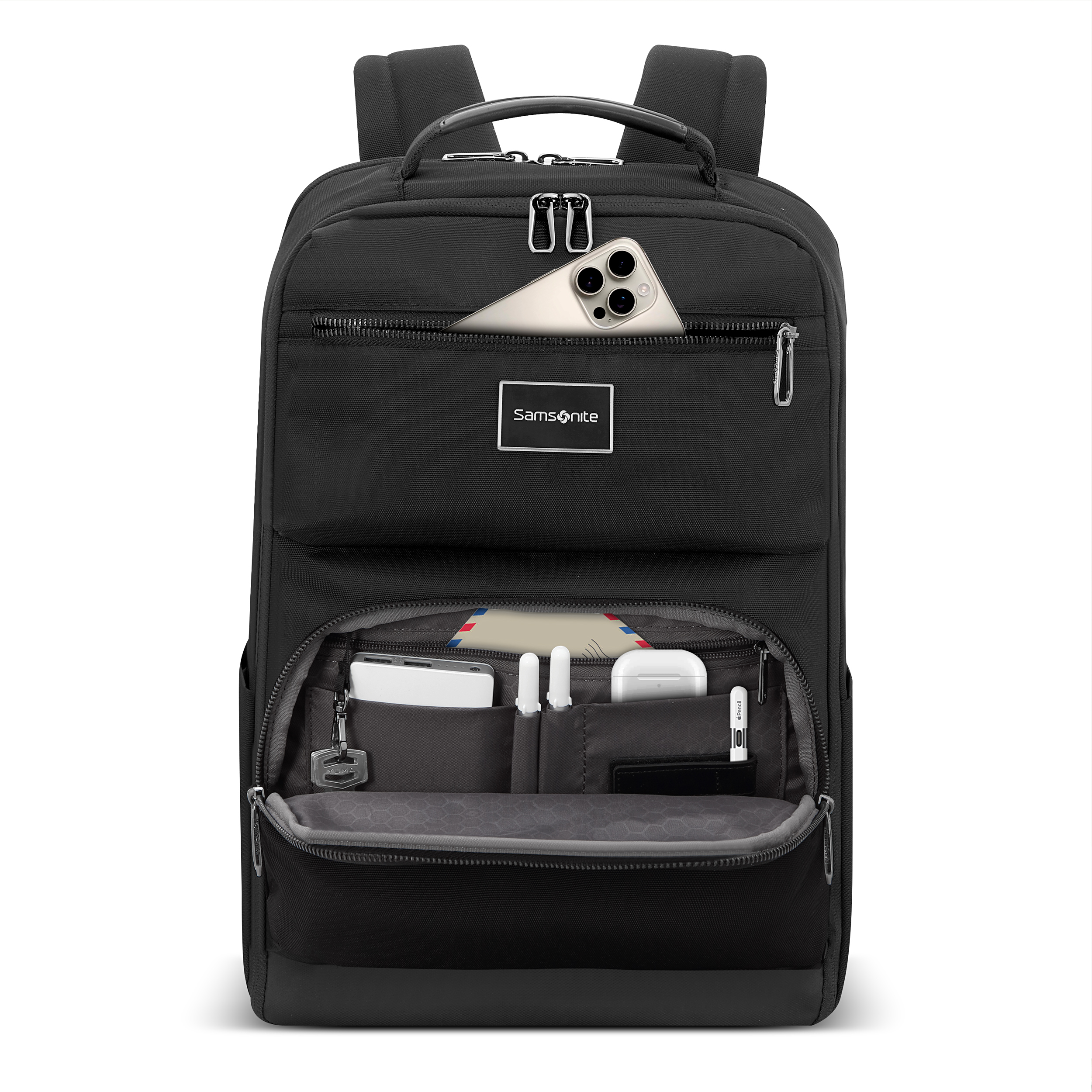 Çok bölmeli siyah Samsonite sırt çantası. Telefon, AirPods, anahtarlar, kalemler ve diğer eşyaları barındırır.