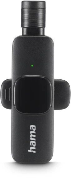 Un microphone Hama noir. Il a un bouton d'alimentation et un clip latéral. Le logo Hama est visible.