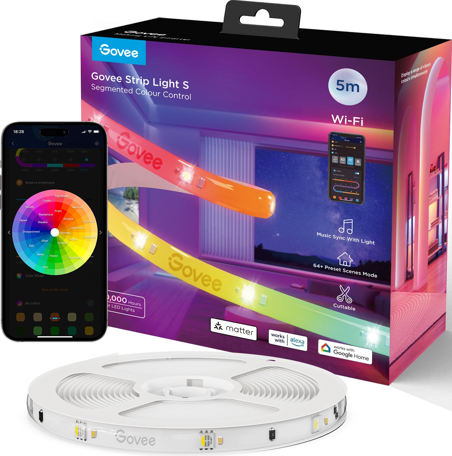 Una scatola e un prodotto di striscia luminosa Govee, che mostra un'app per telefono e la striscia luminosa con vari colori.