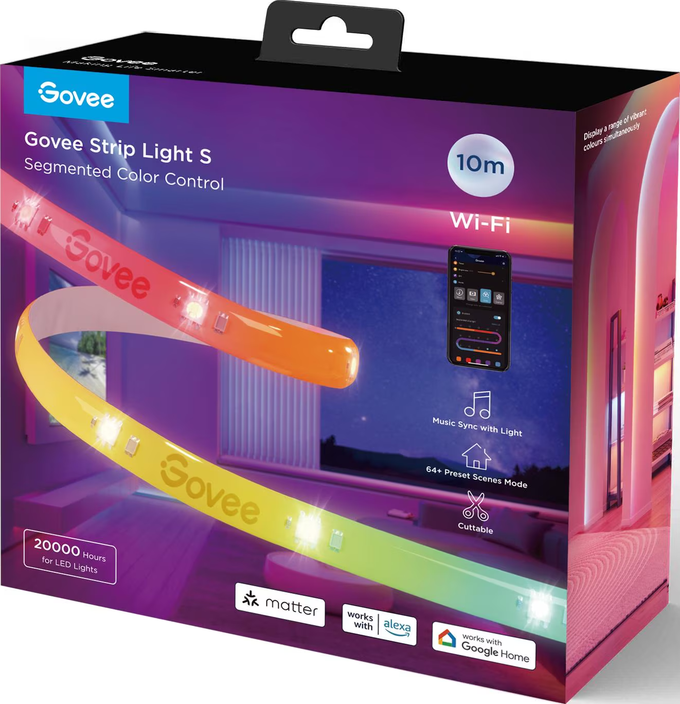 Scatola di luci a strisce Govee. Mostra striscia luminosa colorata, telefono con app e funzioni. Wi-Fi, sincronizzazione musicale, 64+ scene, tagliabile.