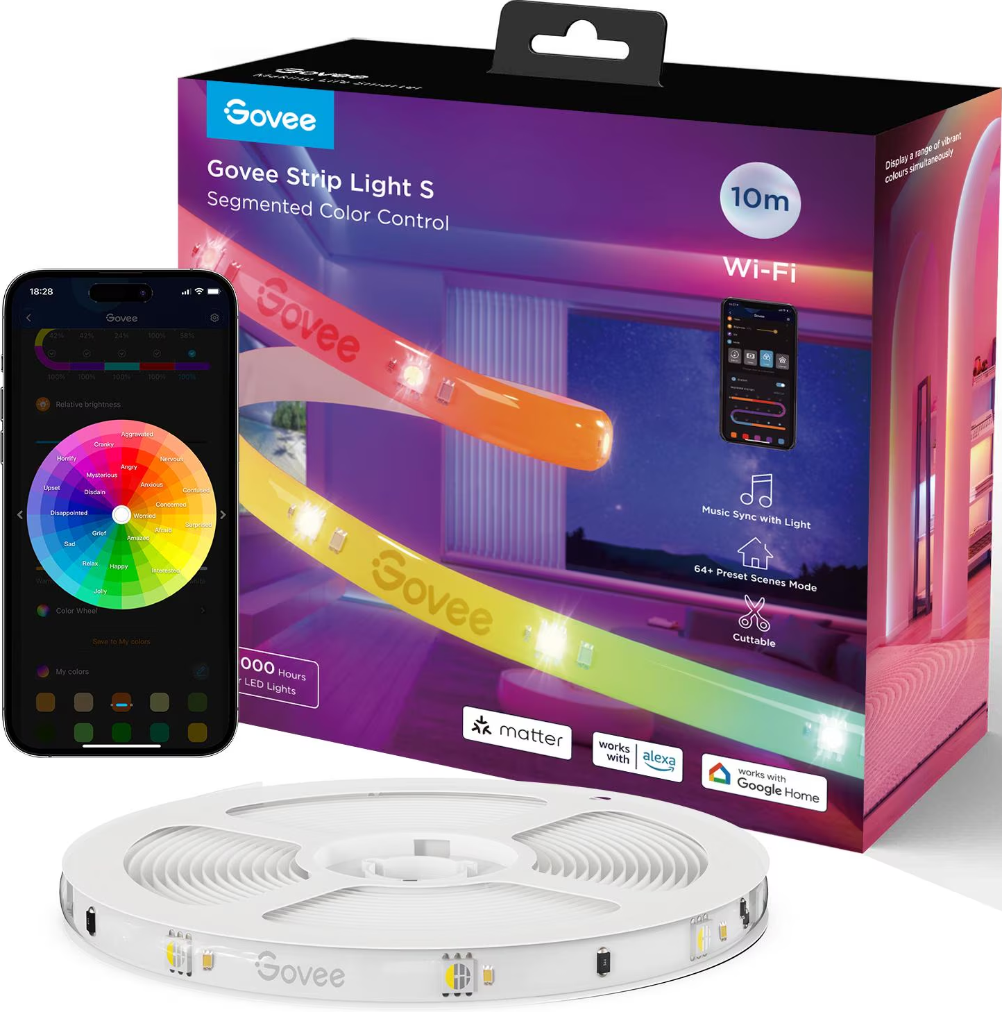 Strisce luminose Govee con interfaccia telefonica che mostra le opzioni colore e una bobina di luci, il tutto su una superficie bianca.
