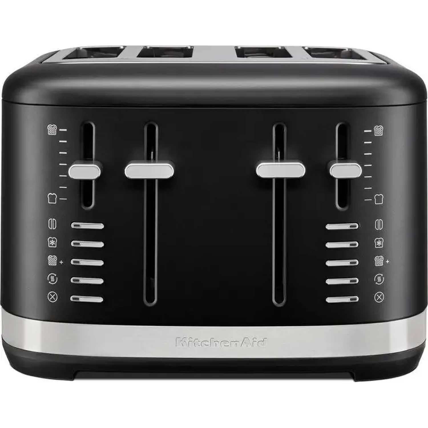 Een zwarte KitchenAid broodrooster met vier sleuven. Het heeft zilveren hendels en een zilveren band. De instellingen zijn zichtbaar.