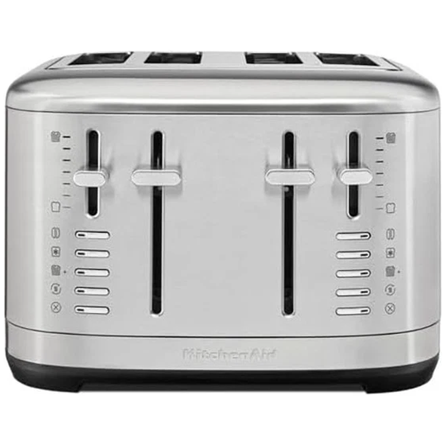 Een roestvrijstalen KitchenAid broodrooster met vier sleuven, bedieningshendels en instelknoppen. De basis is zwart.