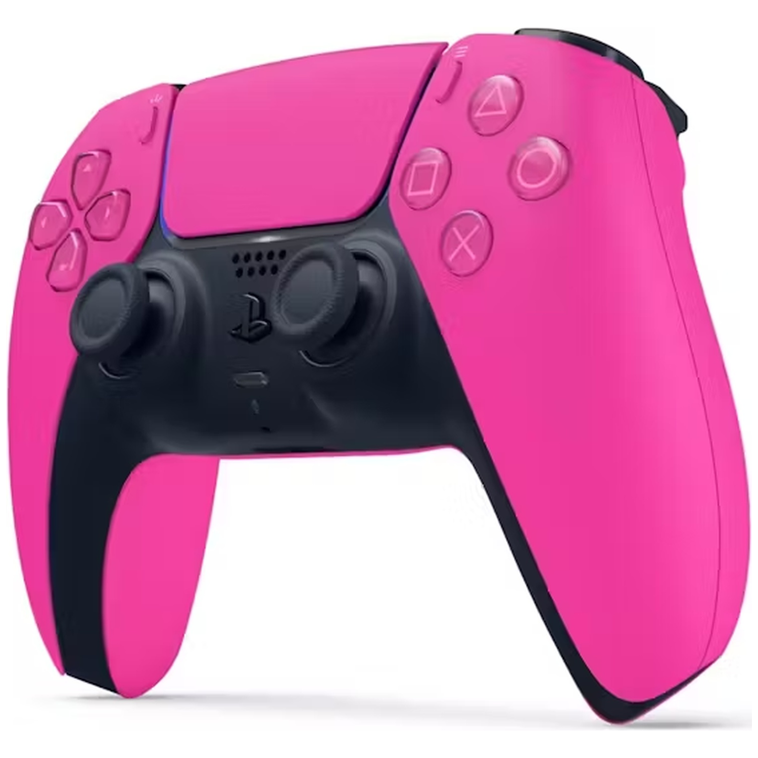 Een roze PlayStation 5-controller. Voorzien van knoppen, joysticks en een touchpad. De controller heeft zwarte en roze kleuren.