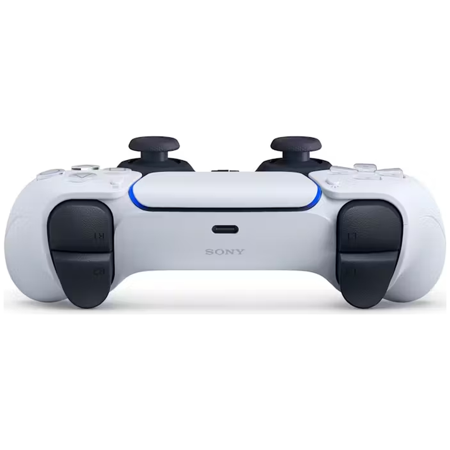 Een witte en zwarte Playstation 5-controller, van achteren gezien, met knoppen en analoge sticks zichtbaar. Het Sony-logo staat in het midden.
