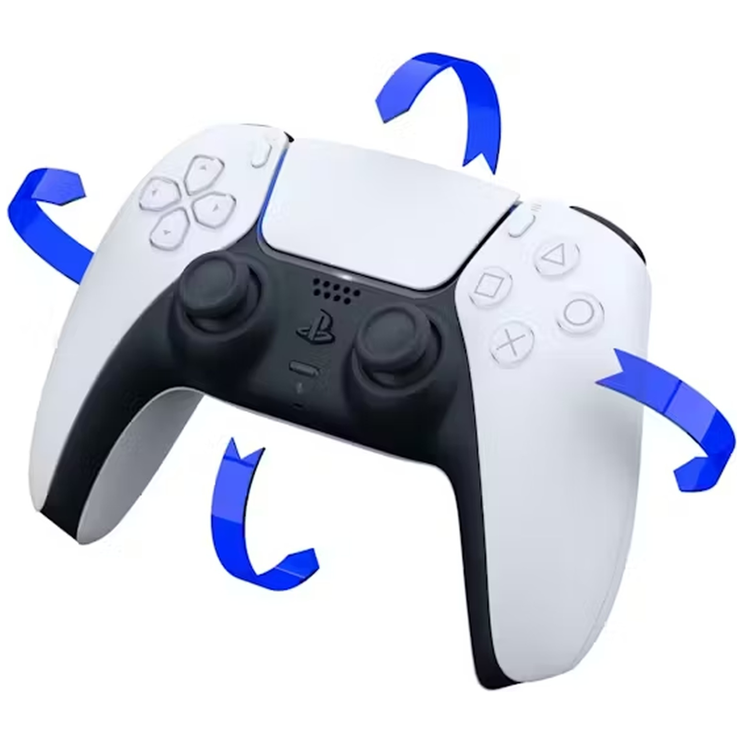 Een witte en zwarte Playstation 5 controller met blauwe pijlen die eromheen draaien.