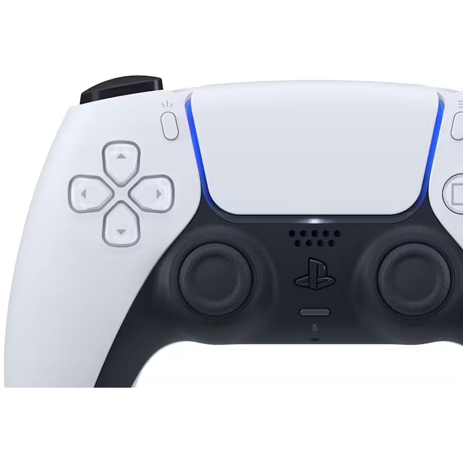 Close-up van een wit-zwarte PlayStation 5-controller. Voorzien van knoppen, D-pad, analoge sticks en een touchpad.