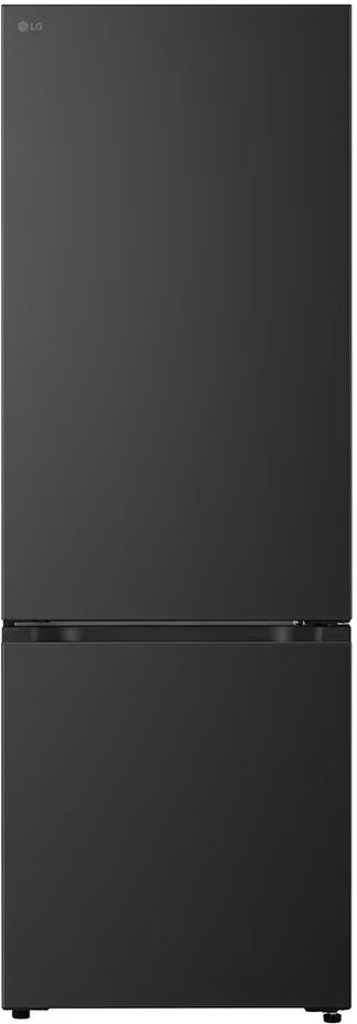 Ein dunkelgrauer LG-Kühlschrank mit zwei Türen. Das LG-Logo befindet sich oben links. Die untere Tür ist ein ausziehbarer Gefrierschrank.