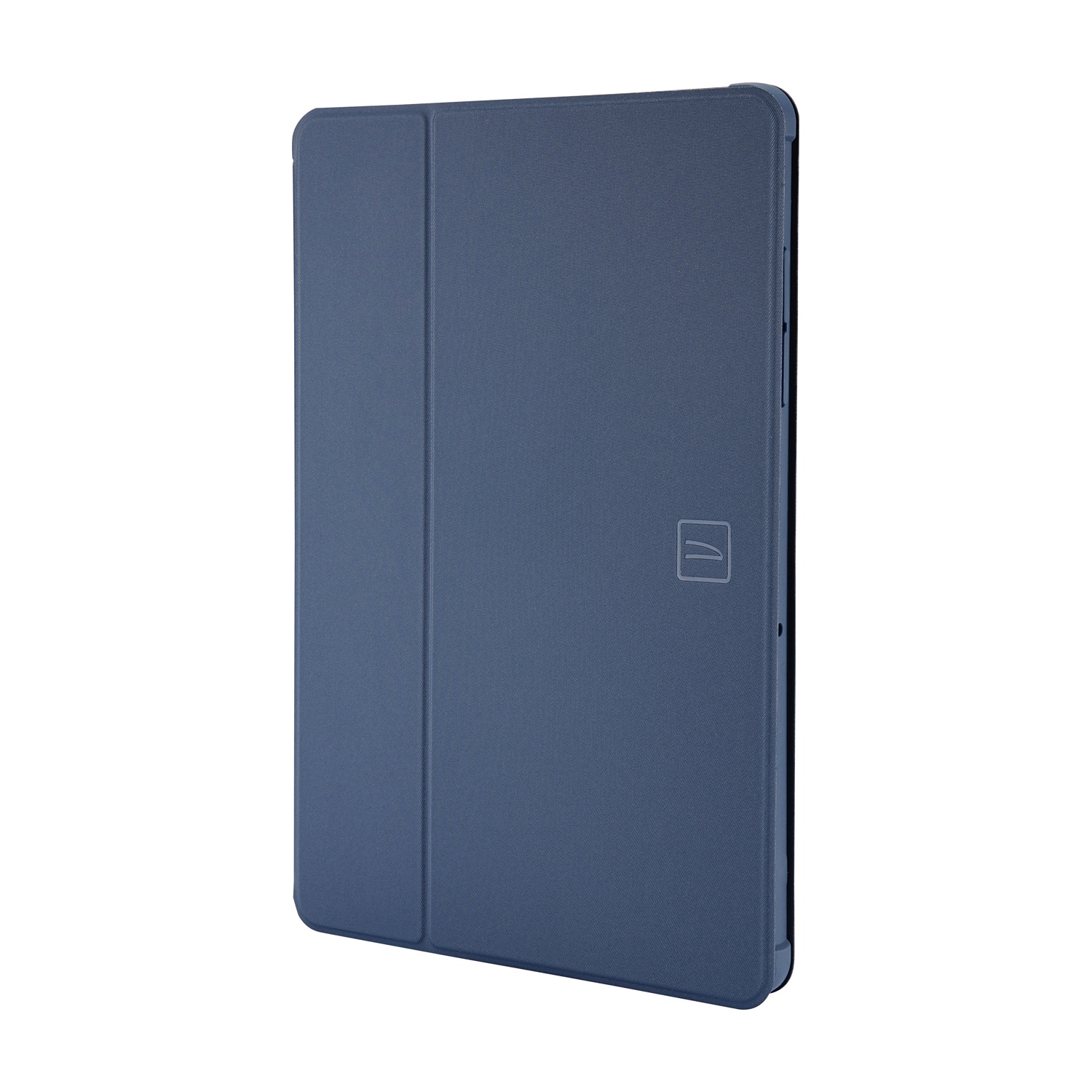 Una custodia blu per tablet è mostrata su sfondo bianco. La custodia è chiusa, con una finitura strutturata e un logo.
