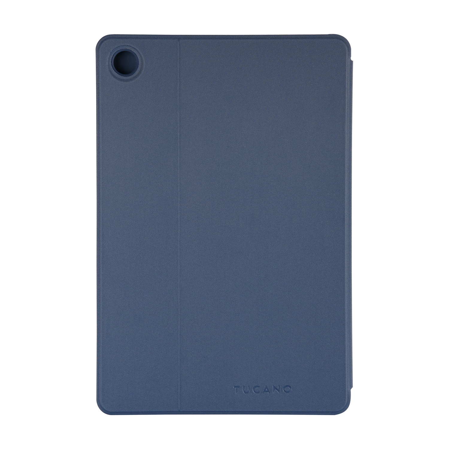 Una custodia blu per tablet con foro per fotocamera e marchio 'Tucano'. La custodia è chiusa, con superficie strutturata.