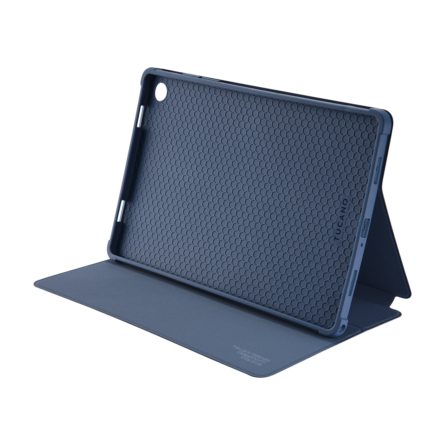 Una custodia blu per tablet è aperta, mostrando l'interno con un motivo a nido d'ape. La custodia è su sfondo bianco.