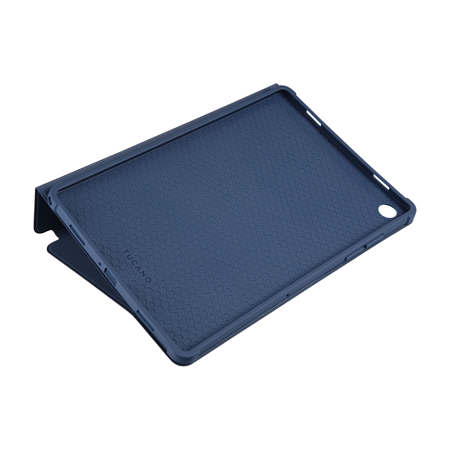 Una custodia per tablet blu scuro, aperta per rivelare l'interno con un motivo a nido d'ape. Il marchio 'TUCANO' è visibile.