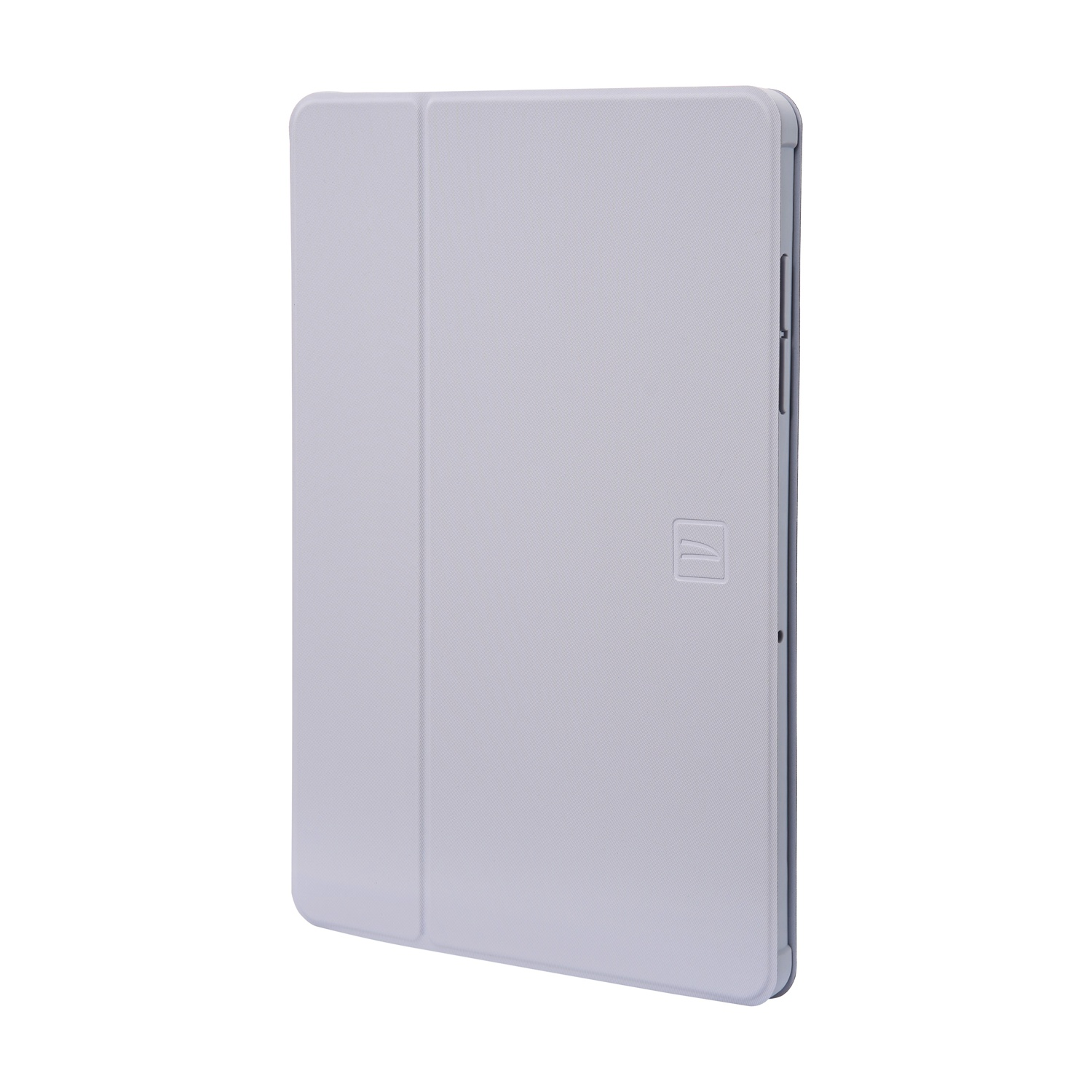 È mostrata una custodia per tablet grigio chiaro. La custodia ha una superficie strutturata e un logo. È chiusa e angolata.