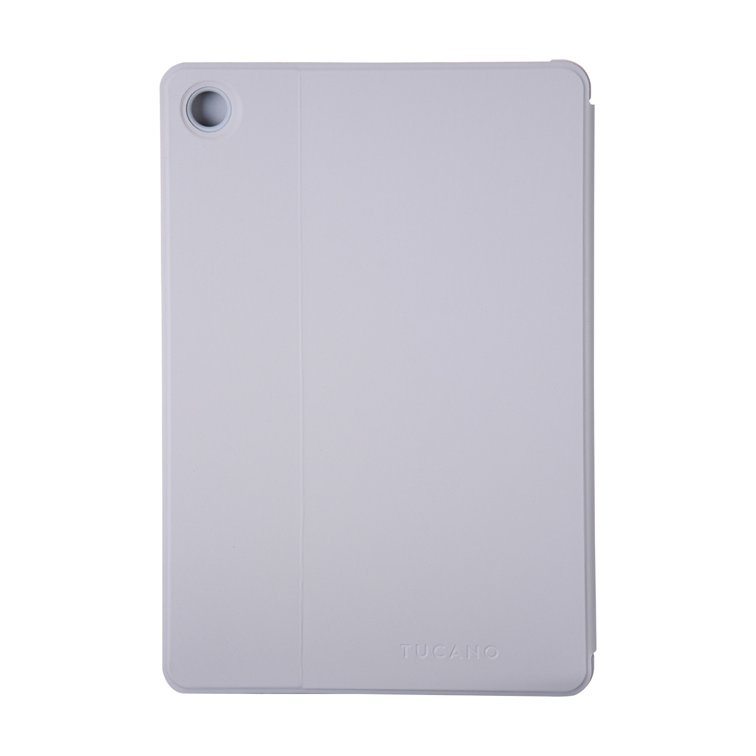 Una custodia per tablet grigio chiaro con un foro per la fotocamera e il marchio 'TUCANO'. La custodia è chiusa e su sfondo bianco.