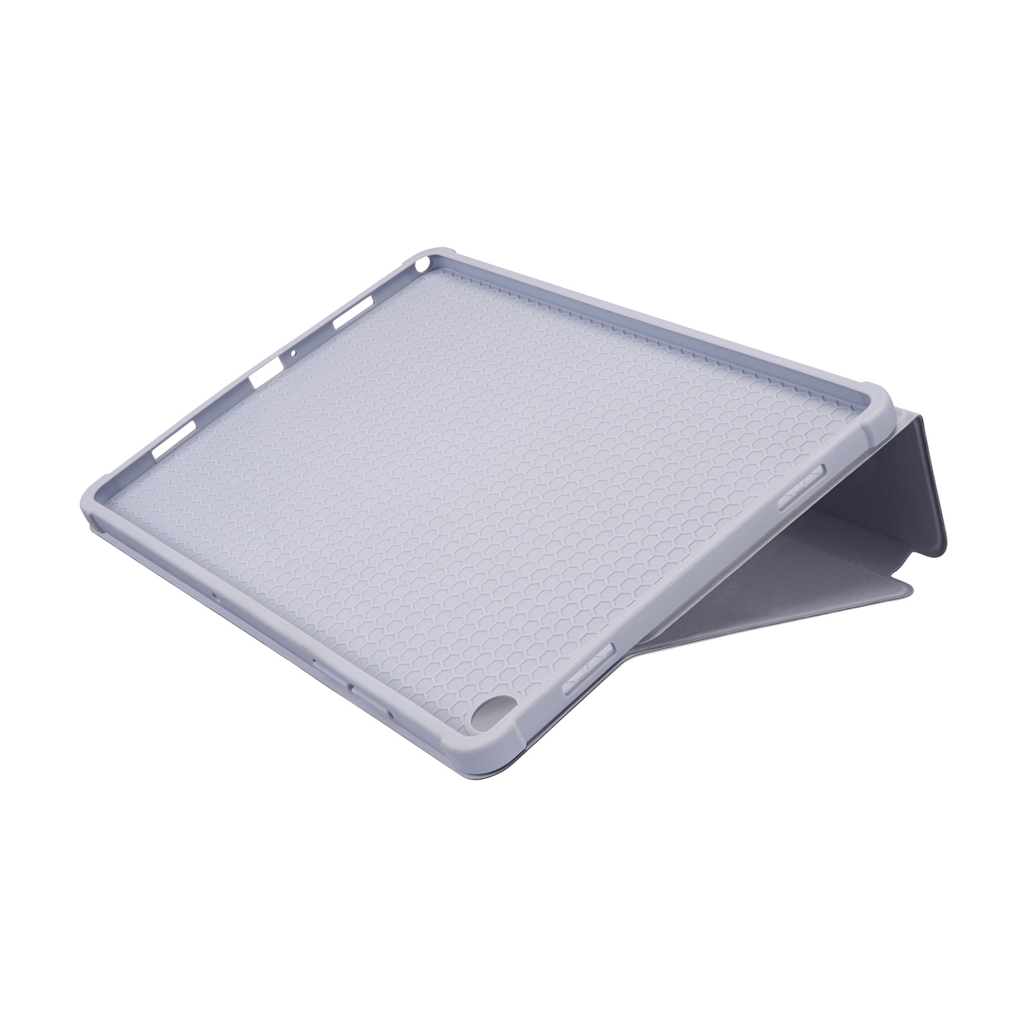 Una custodia per tablet grigio chiaro è aperta, mostrando un interno a fantasia. Il supporto è piegato, su sfondo bianco.