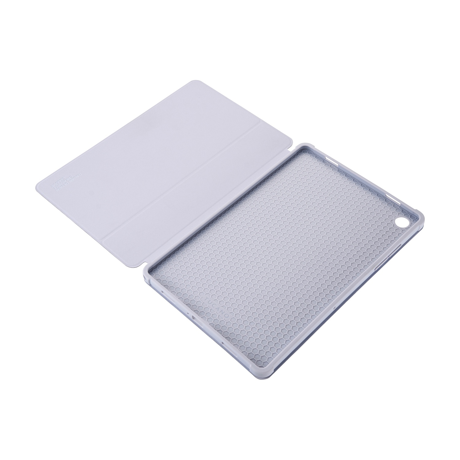 Custodia per tablet aperta, grigio chiaro. La custodia è aperta, rivelando un interno a motivo a nido d'ape. Il coperchio è a sinistra.