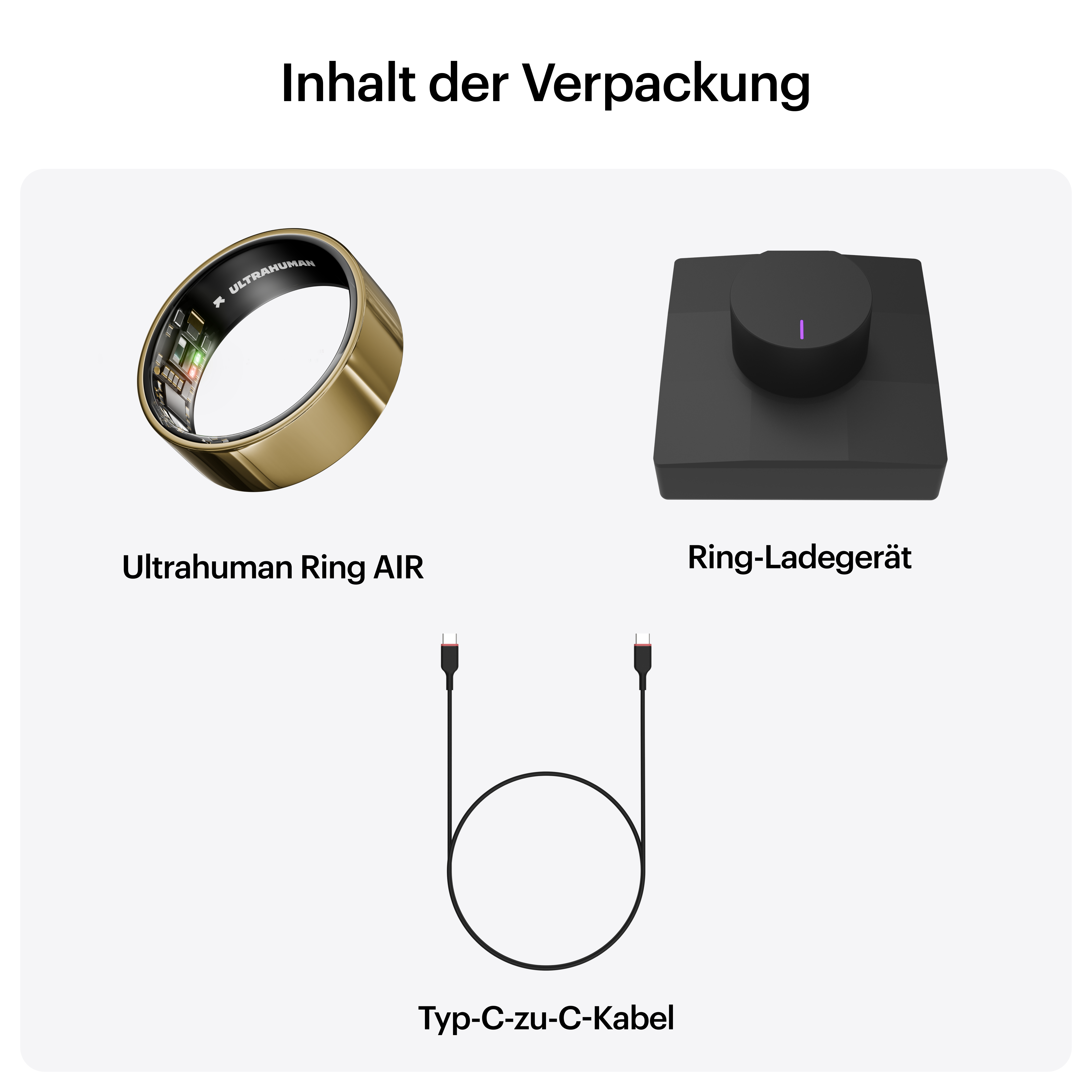 Das Bild zeigt einen Ultrahuman Ring, ein Ladegerät und ein USB-C-Kabel auf weißem Hintergrund.