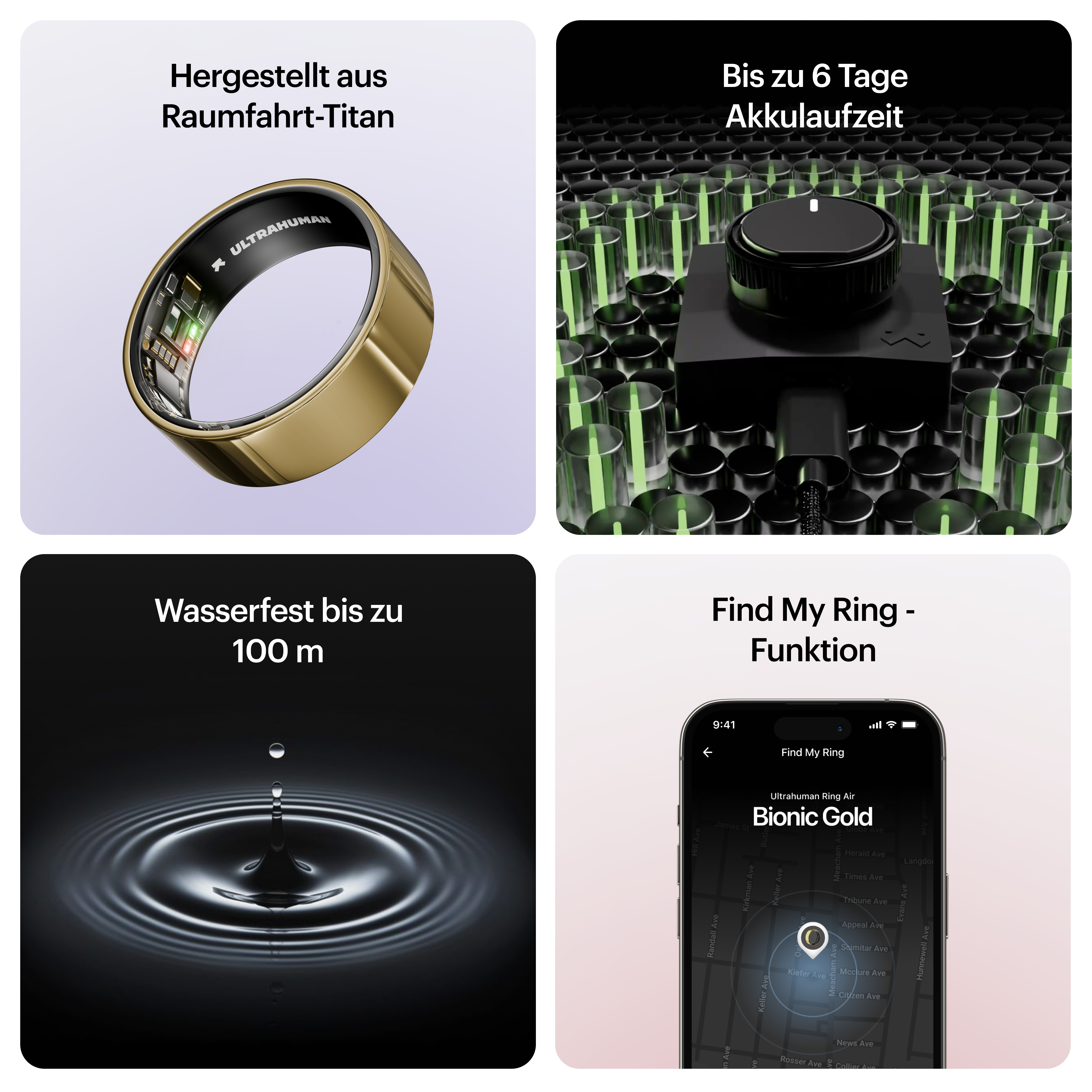 Goldener Smart-Ring aus Raumfahrt-Titan. Bietet 6 Tage Akku, wasserdicht bis 100 m und eine Find-My-Ring-Funktion.