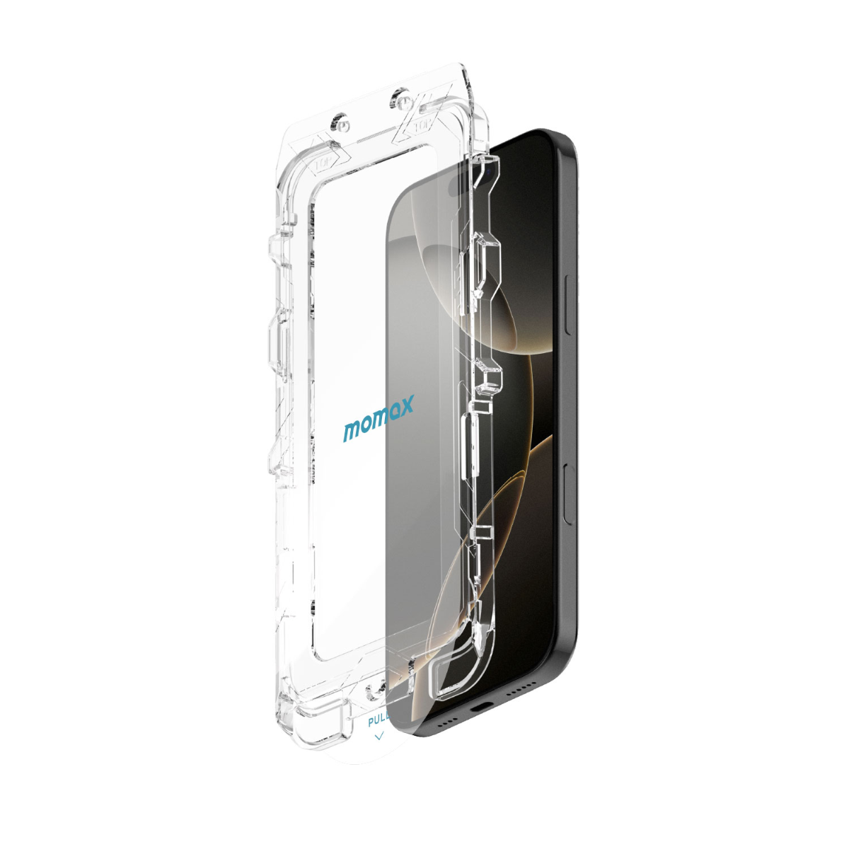 İçinde siyah bir telefon bulunan şeffaf bir telefon kılıfı. Kılıf kısmen sökülmüş, telefonun ekranı görünüyor. Marka adı görünür durumda.