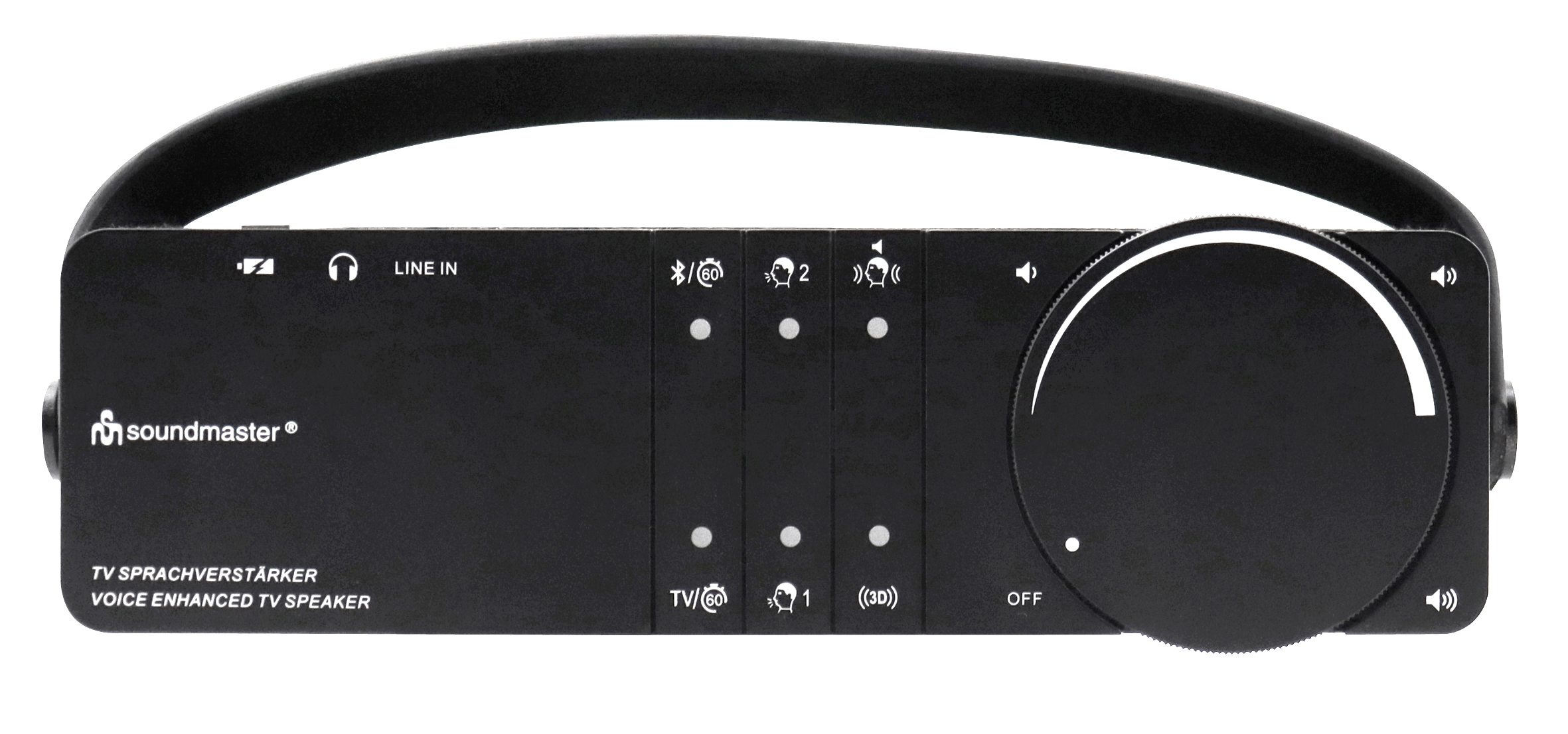 Schwarzer Soundmaster-Lautsprecher mit Griff, Knöpfen und Lautstärkeregler. Enthält Line-In- und Lautsprecher-Symbole.