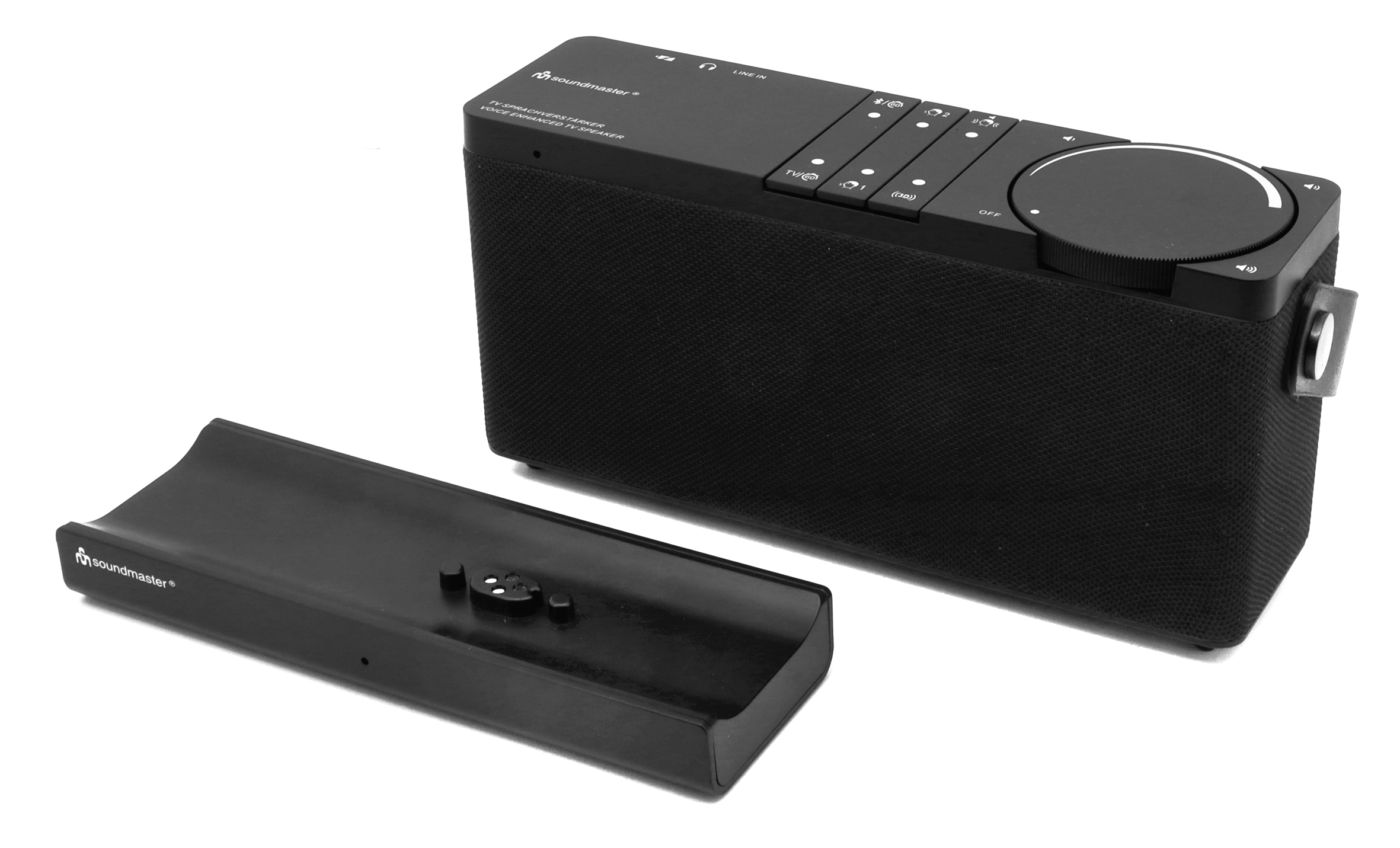 Ein schwarzer Soundmaster-Lautsprecher mit separater Basis. Der Lautsprecher hat Steuertasten und einen Lautstärkeregler. Die Basis ist gebogen.