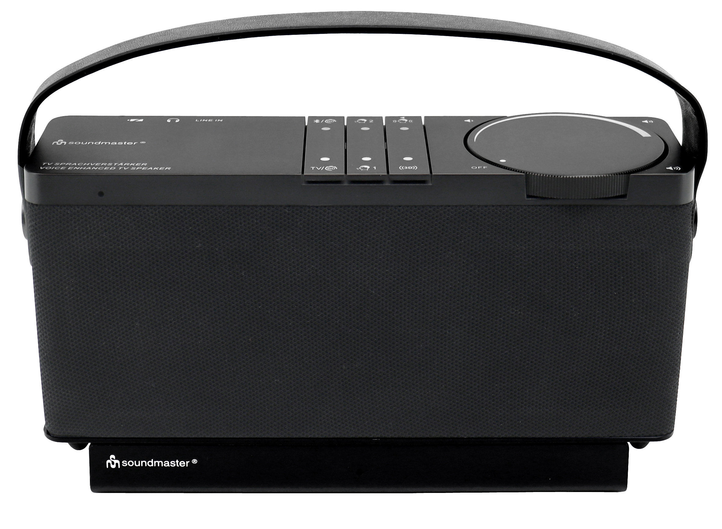 Schwarze Soundbar mit Griff. Es hat Knöpfe und einen Lautstärkeregler. Der Markenname ist sichtbar.