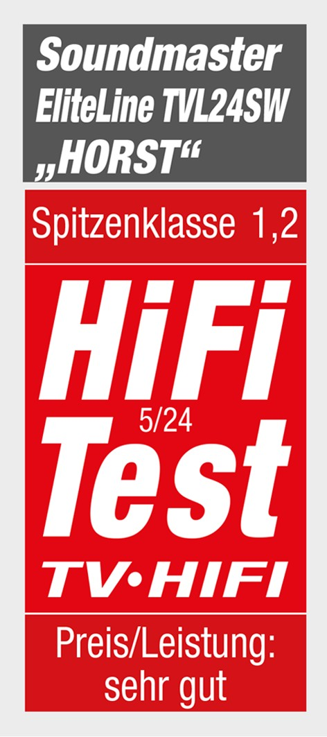 Bild mit Text: Soundmaster TV, HiFi Test, Spitzenklasse und Preis/Leistung: sehr gut. Roter und weißer Text auf hellgrauem Hintergrund.