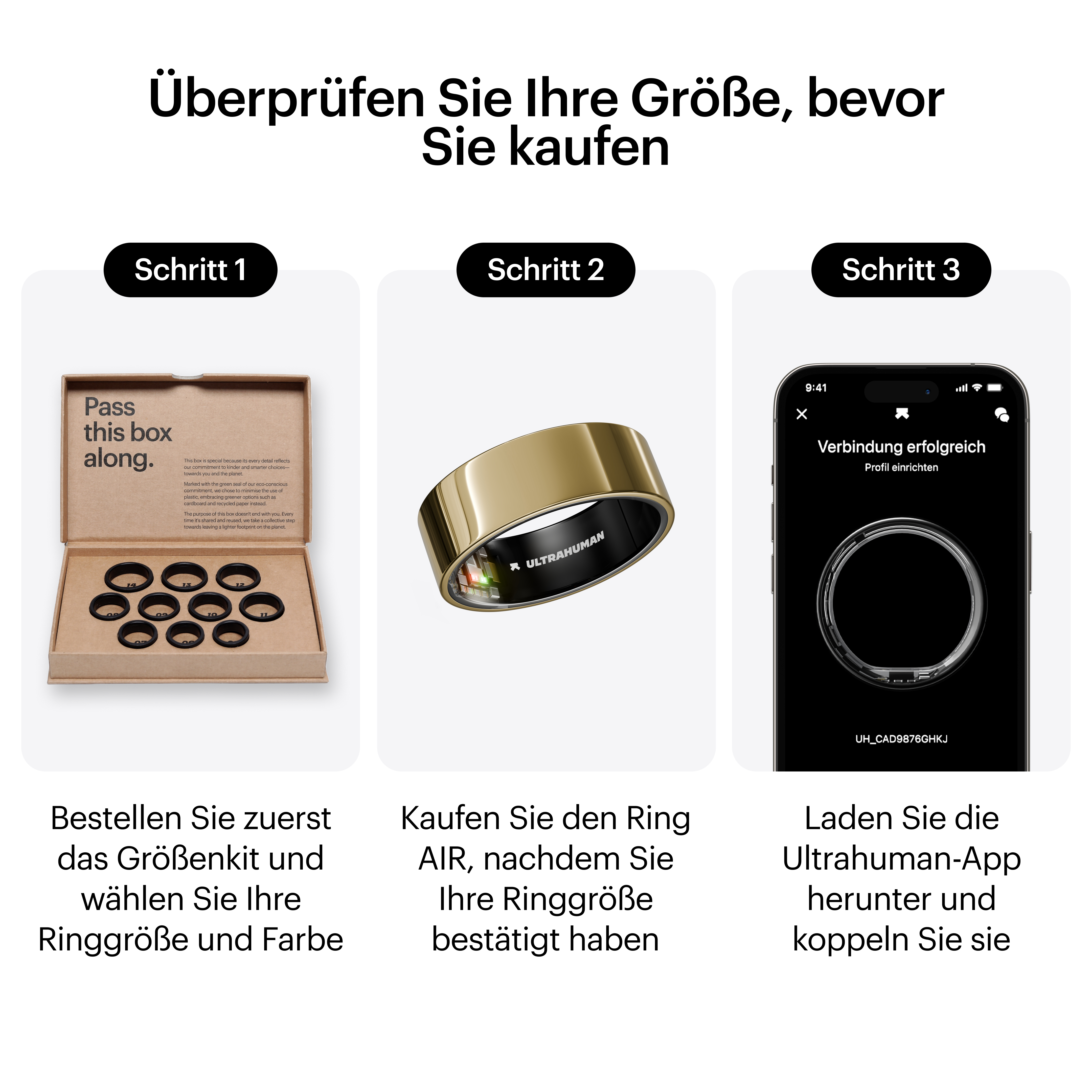 Das Bild zeigt eine Größentabelle für einen Ring. Es gibt drei Schritte: Kit bestellen, Ring kaufen und App herunterladen.