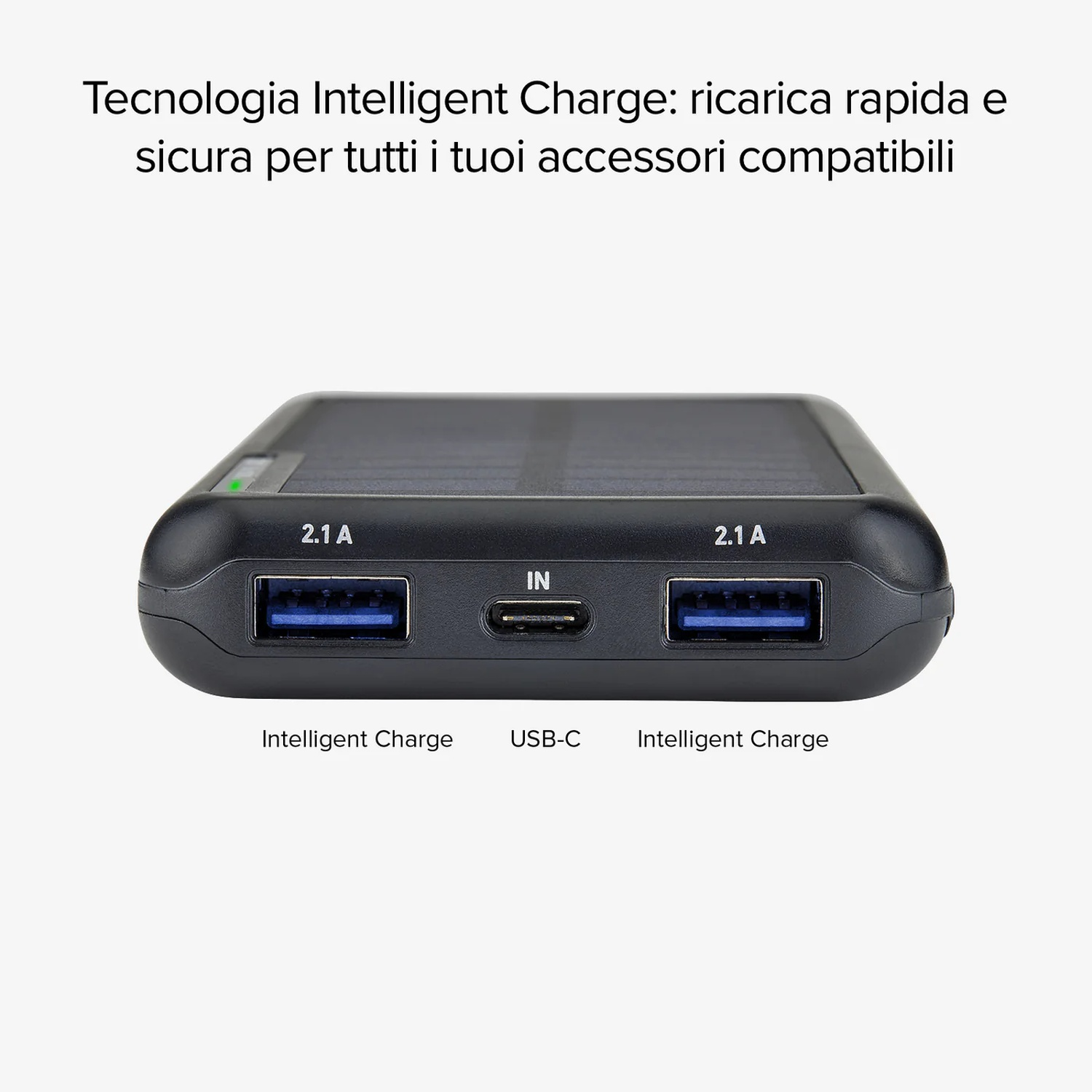 Power bank nera con porte USB e testo in italiano, 'Intelligent Charge' e 'USB-C'.