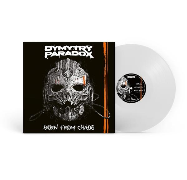 Albumcover: Schädeldesign, schwarzer Hintergrund, Titel 'DYMITHRY PARADOX'. Schallplatte rechts. Weißes Vinyl, schwarzes Etikett.