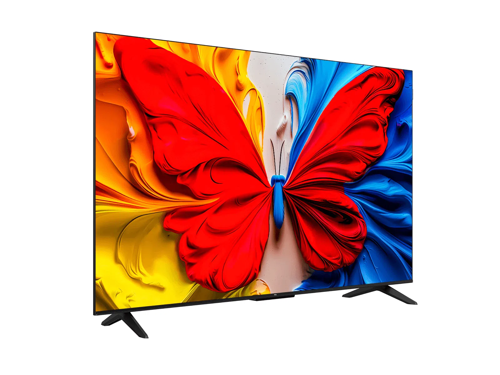 Écran de télévision avec une peinture de papillon colorée. Les couleurs rouge, jaune et bleu dominent l'œuvre.