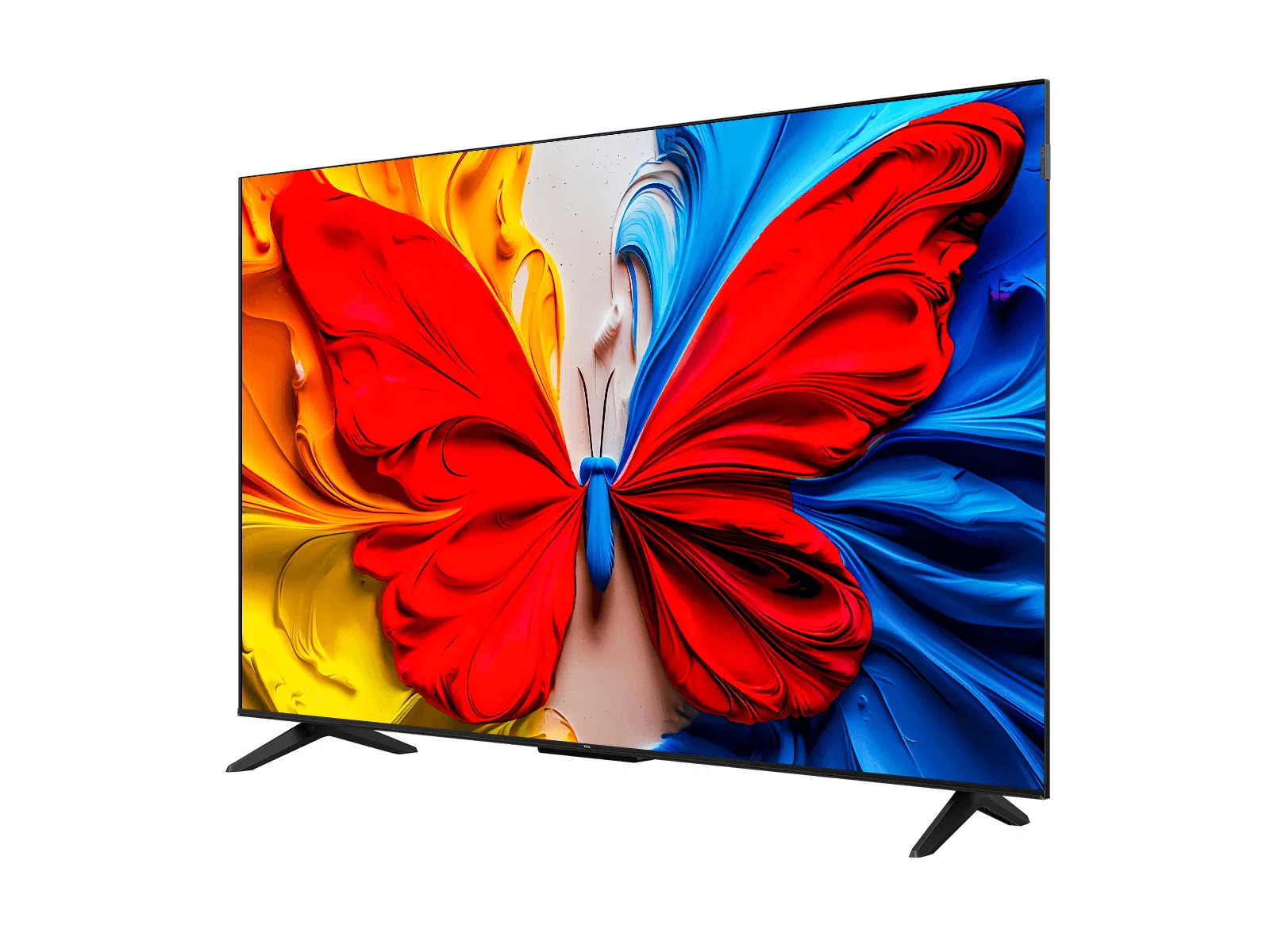 La télé affiche un papillon coloré. Ailes rouges à gauche, bleues à droite. Fonds jaune, blanc et bleu.
