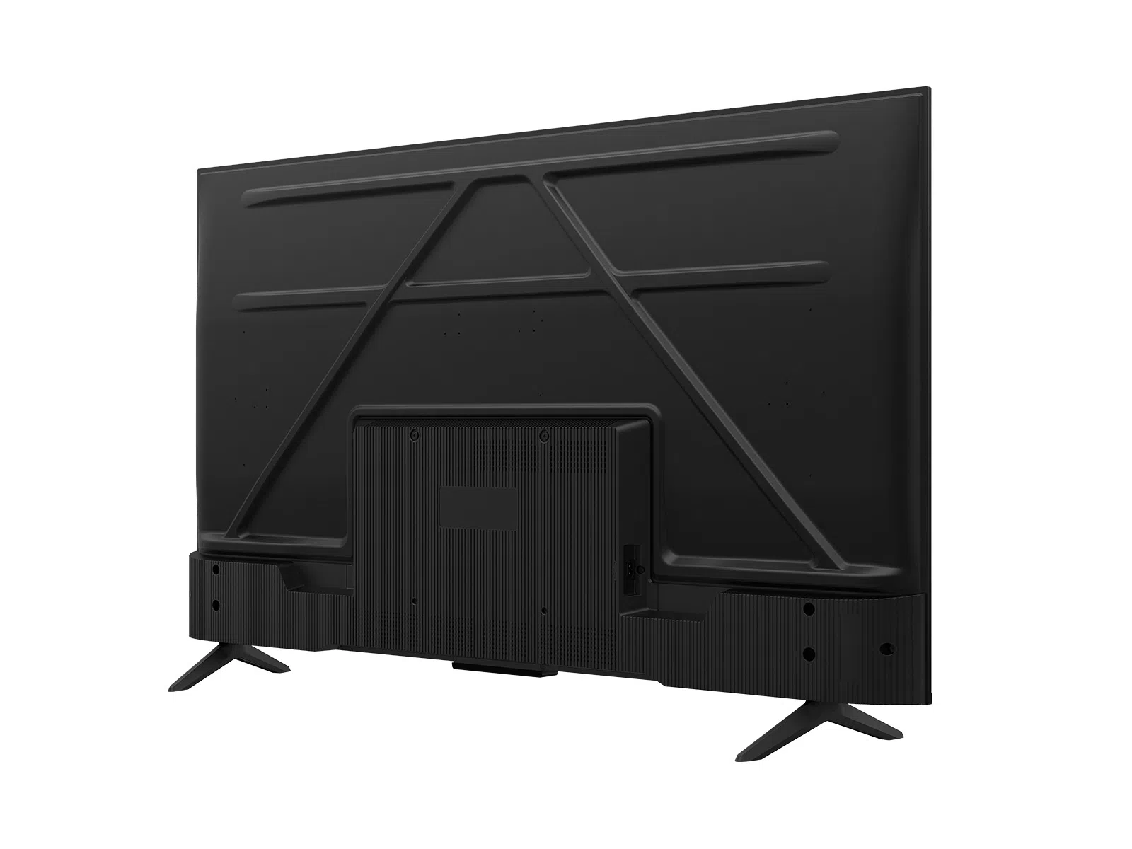 L'arrière d'un téléviseur à écran plat noir est montré, avec des pieds de support. Il a une structure de support triangulaire et un panneau texturé.