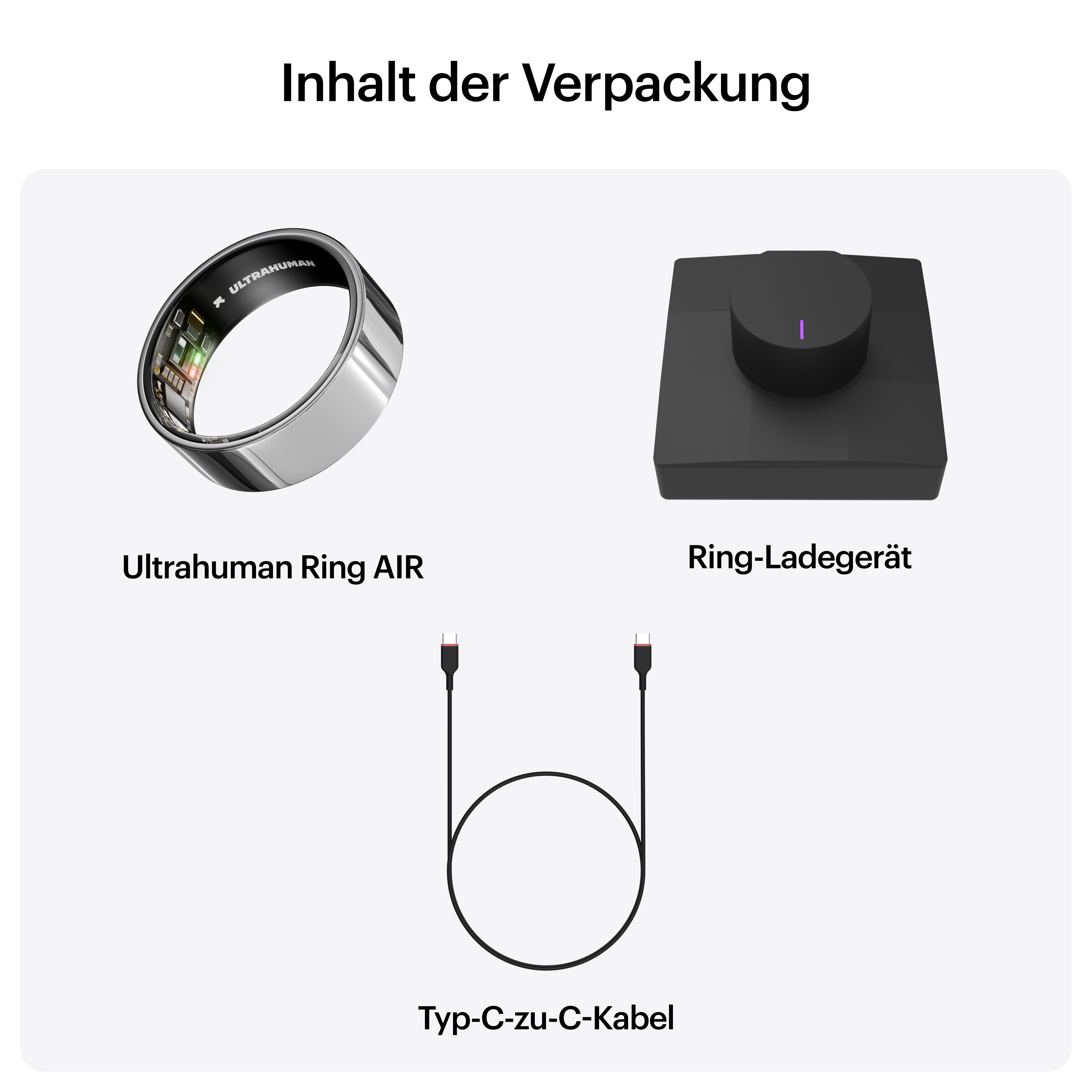 Das Bild zeigt einen Ultrahuman Ring, eine Ladestation und ein USB-C-Kabel. Alles auf weißem Hintergrund, mit deutschen Beschriftungen.