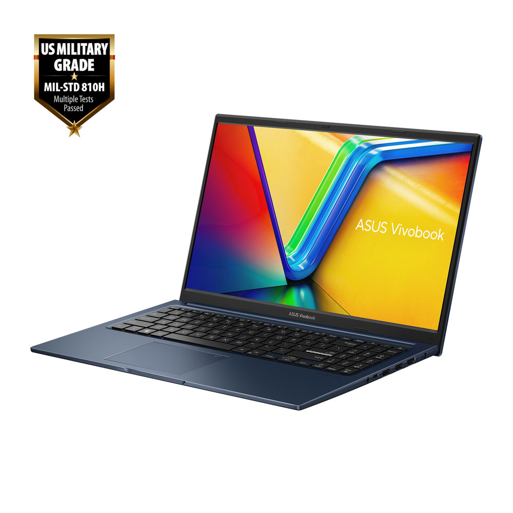 Renkli ekranlı, klavyeli ve askeri sınıf sertifikalı mavi Asus Vivobook dizüstü bilgisayar. Ekranda Asus logosu görüntüleniyor.