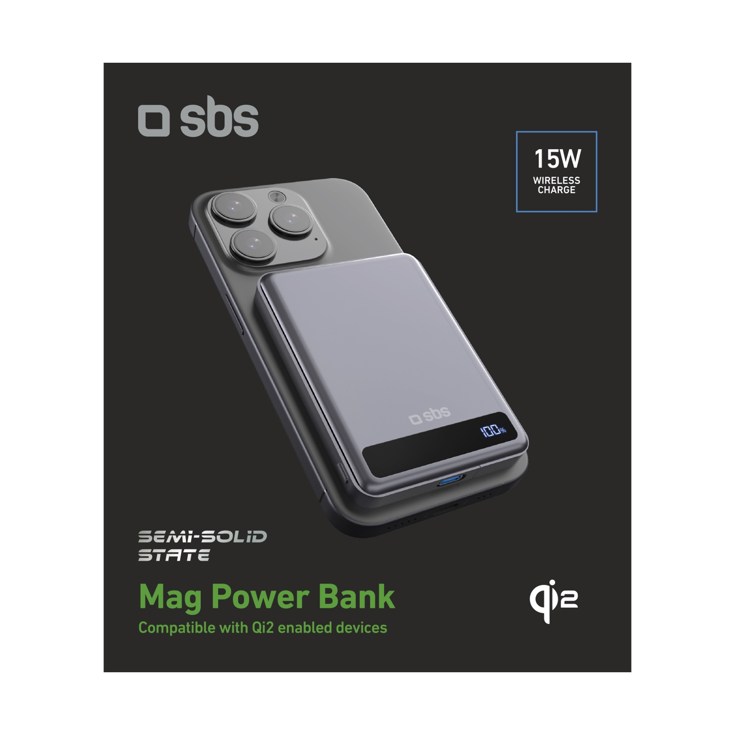 Un telefono con un power bank grigio collegato. Il power bank mostra il 100% di carica. Testo: Mag Power Bank, compatibile con dispositivi Qi2.