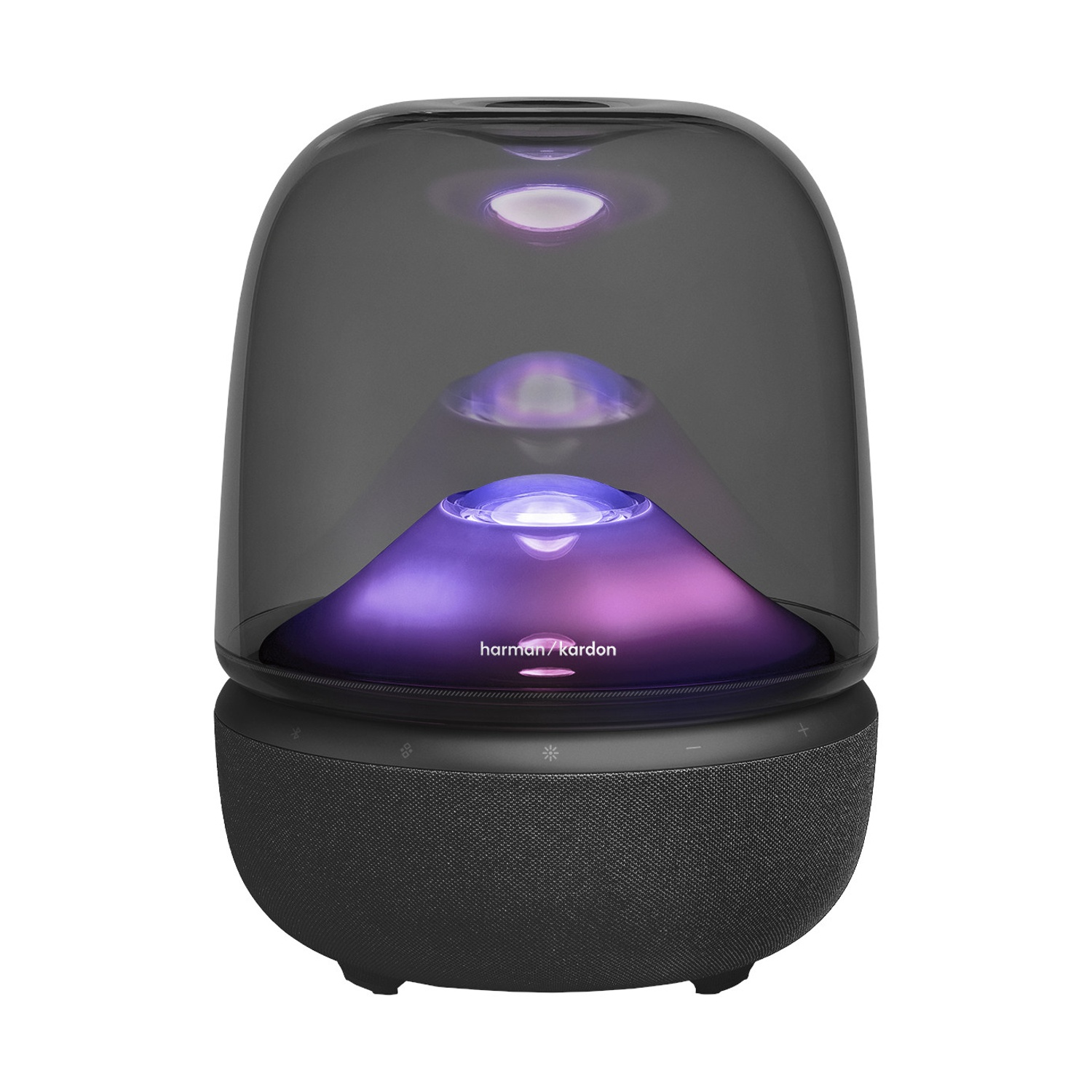 Un altoparlante moderno con una parte superiore trasparente e una base grigio scuro. Ha luci interne viola e bianche.