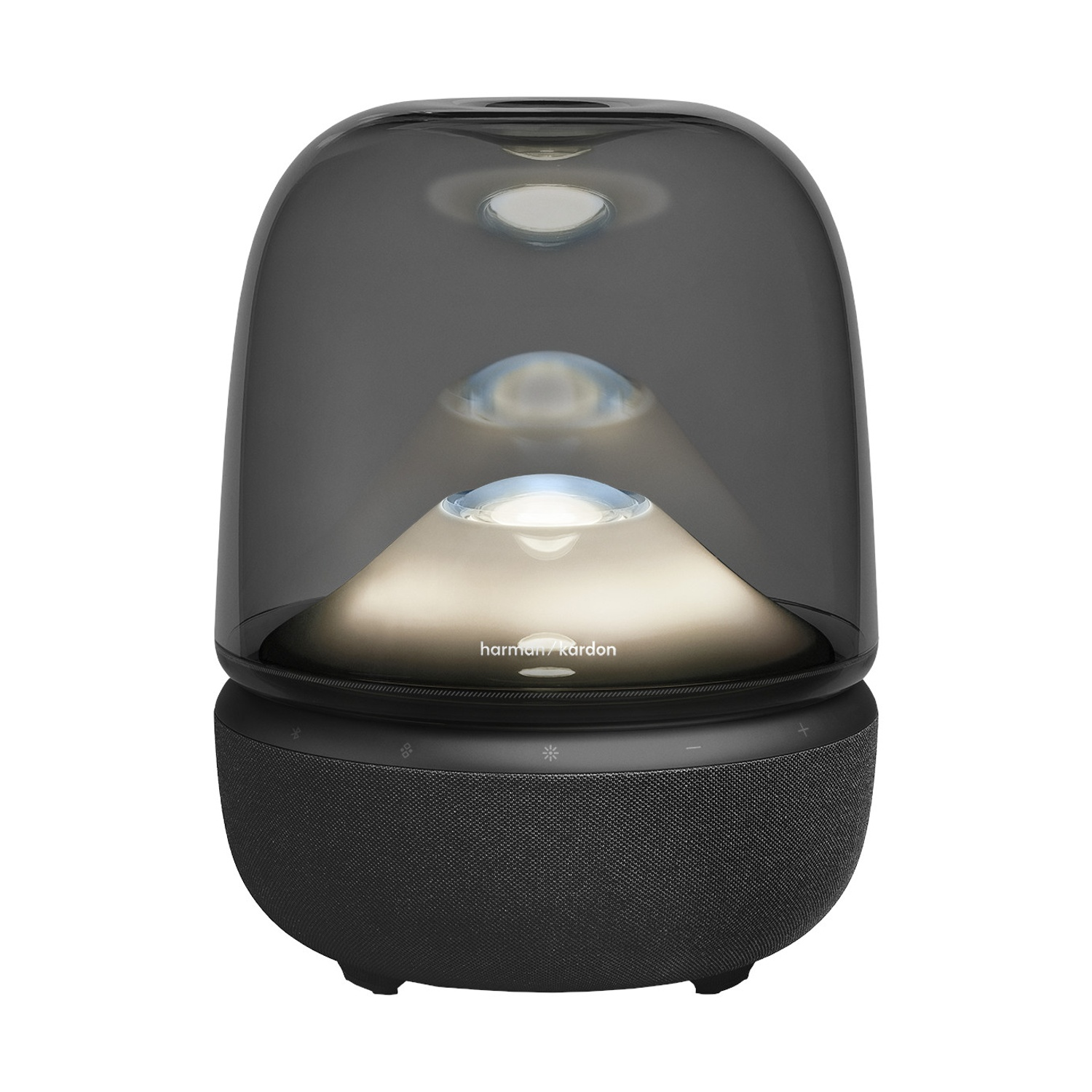 Un altoparlante nero Harman Kardon Aura Studio 3. Ha una cupola trasparente, tre luci e una base rivestita in tessuto. Il marchio è visibile.